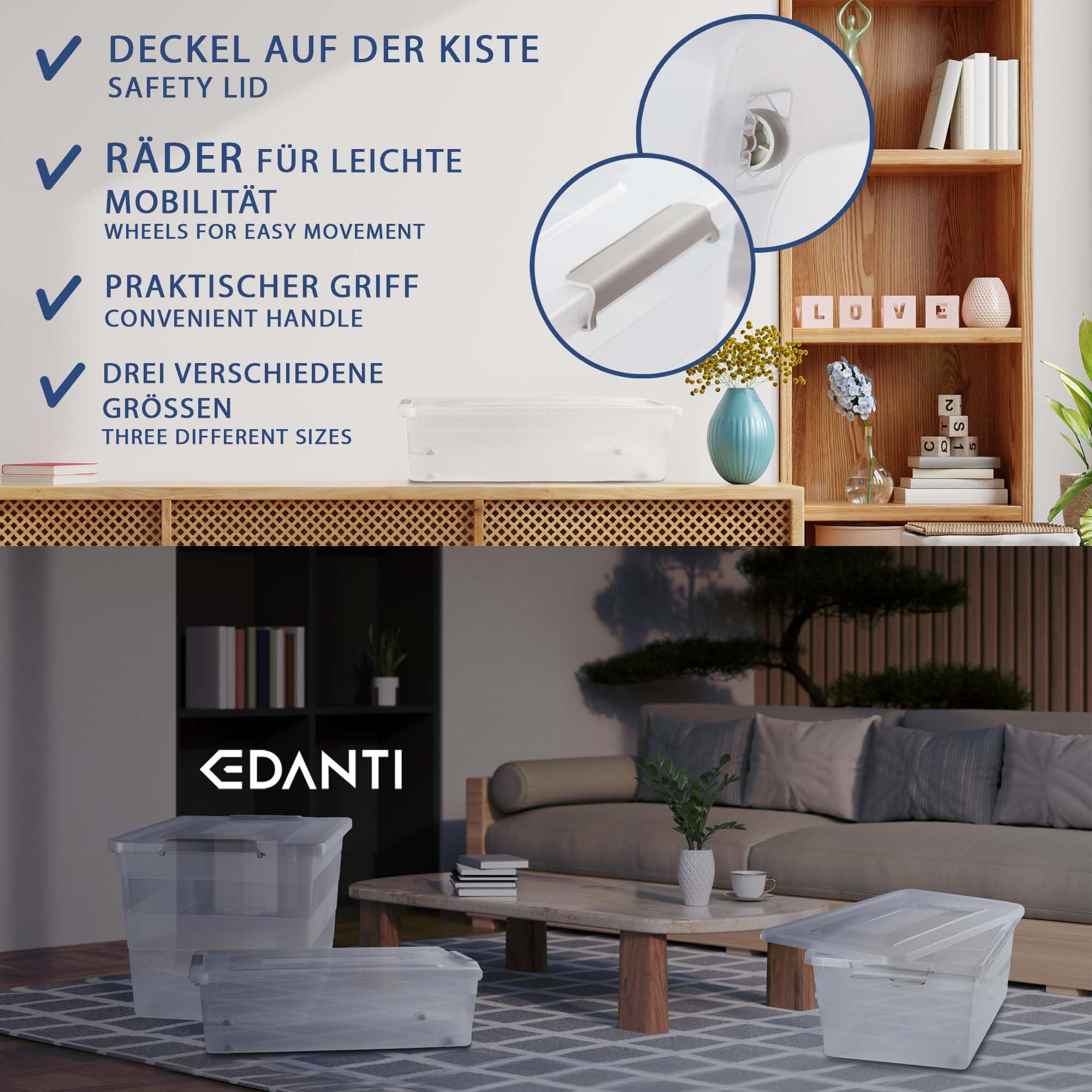 3x Aufbewahrungsbox Mit Deckel Mit Rollen 3er-Set 28L, 40L, 55L Organizer Kunststoff Behälter Container Mit Rädern Kleiderboxen Box Plastik Transparent