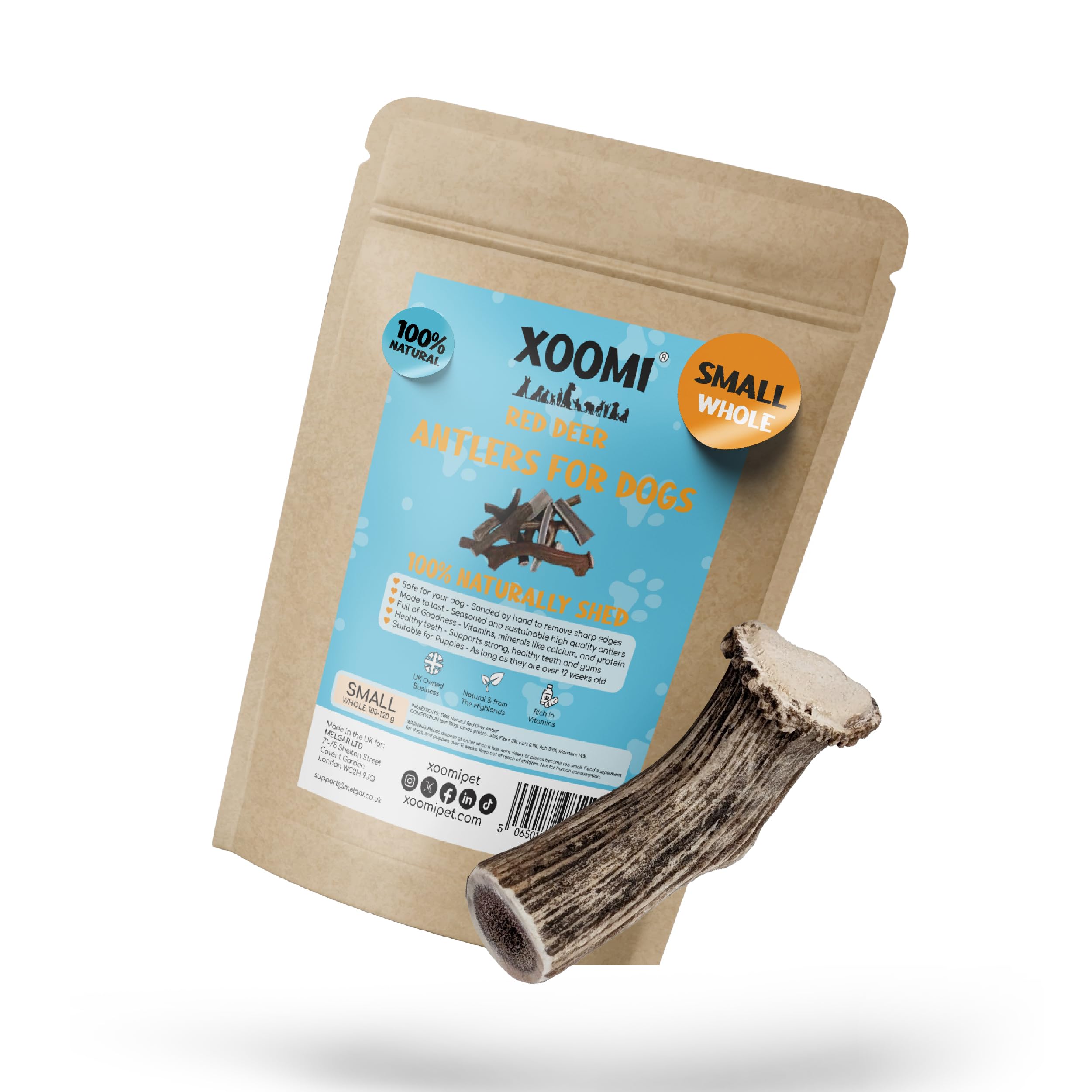 XOOMI Red Deer, Whole Antler Chew for Small Dogs (100-120g), Natural, Long-Lasting Chew for Healthy Teeth & Strong Chewers