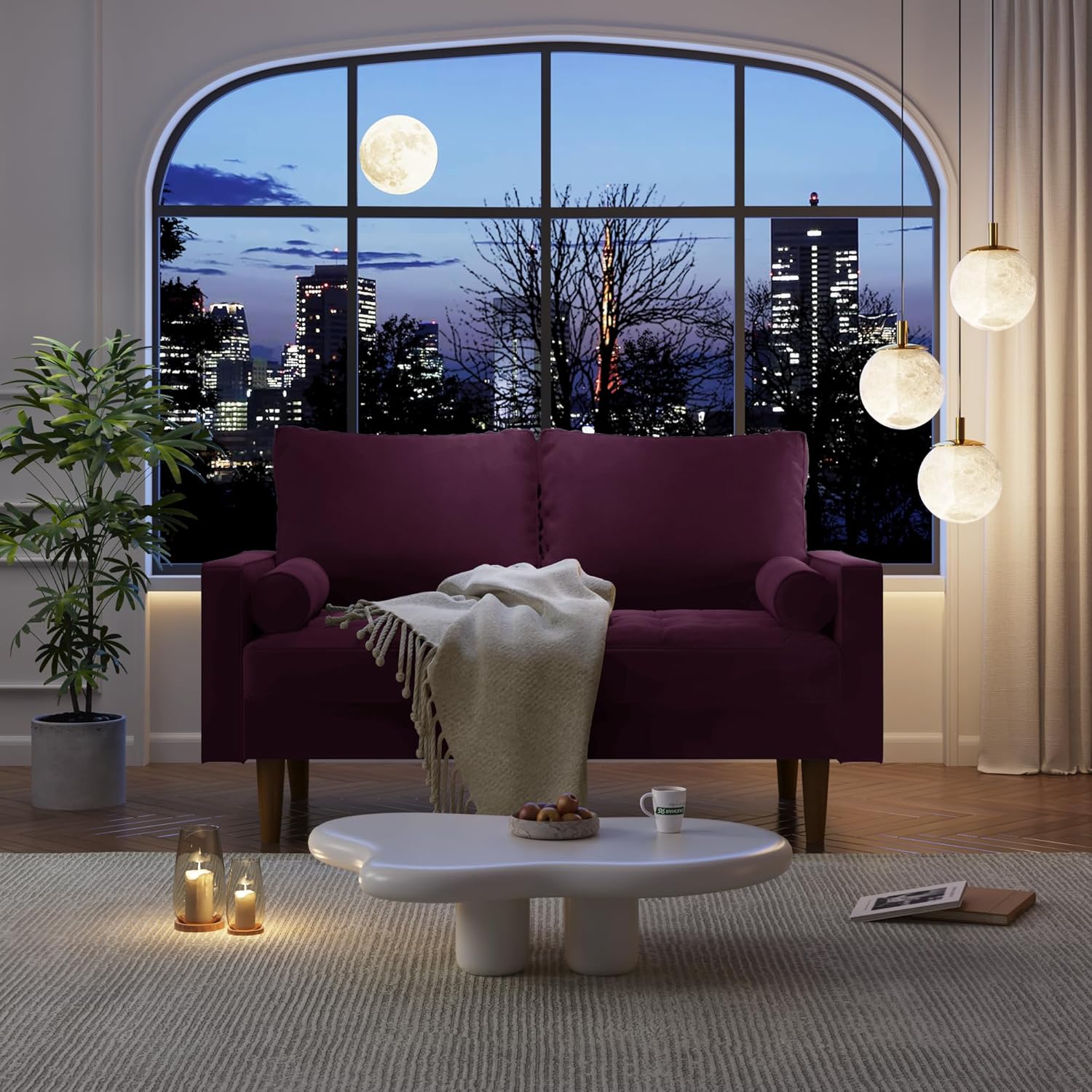 Loveseat Sofa, 58" Love Seat for Small Spaces,Spring Cushions,Easy Assembly Sofa Couch w/Throw Pillow for Bedroom Living Room (Eggplant)