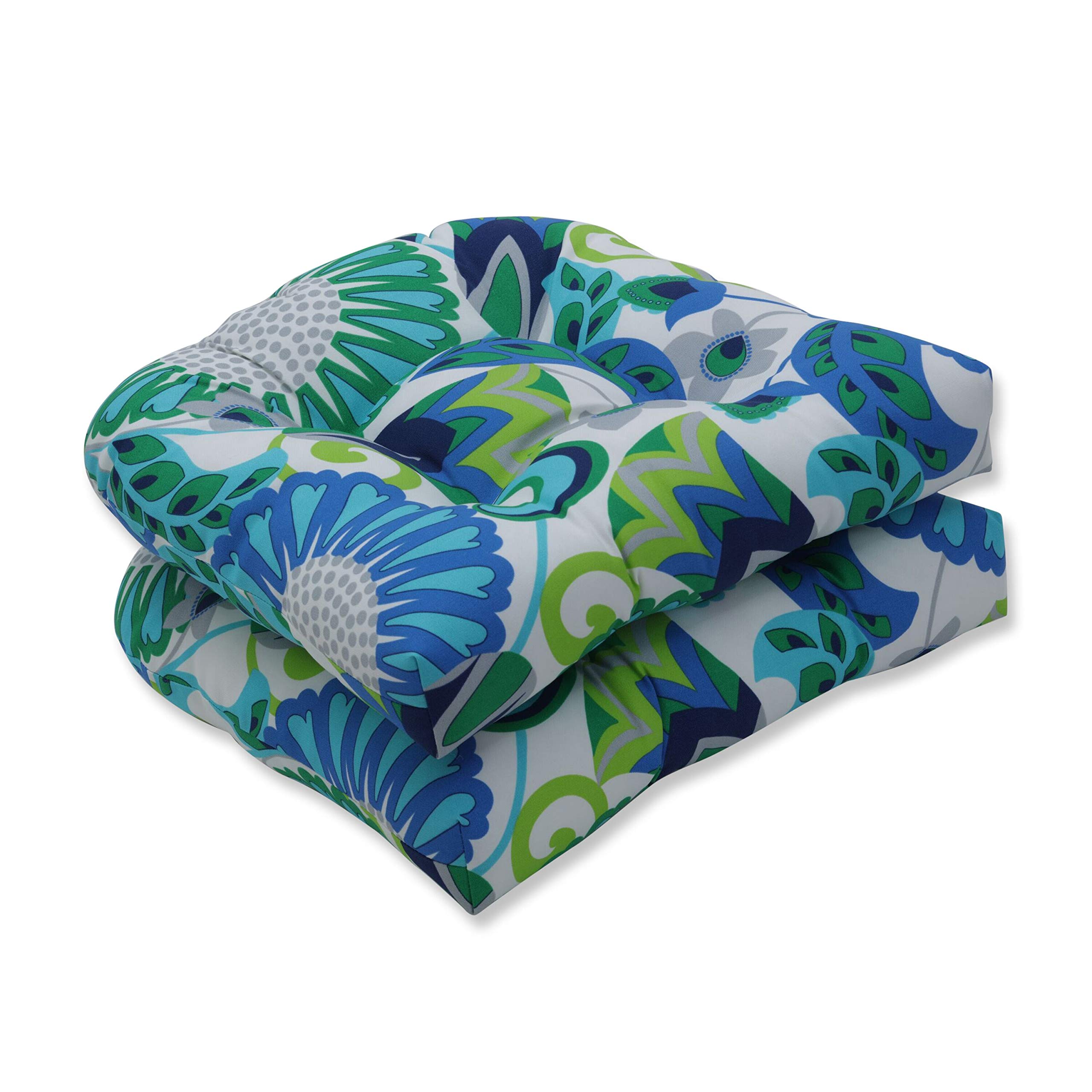 Pillow Perfect Bright Floral Indoor/Outdoor Chair Seat Cushion, Tufted, Weather, and Fade Resistant, 19" x 19", Green/Blue Sophia, 2 Count