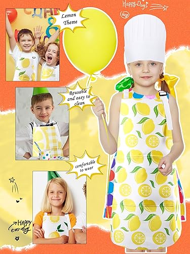 Miniatura 4 de Delantal de limón para niños y sombrero de chef, 15 piezas, 5 delantales, 10 sombreros, correa ajustable, delantal de limonada con bolsillos para