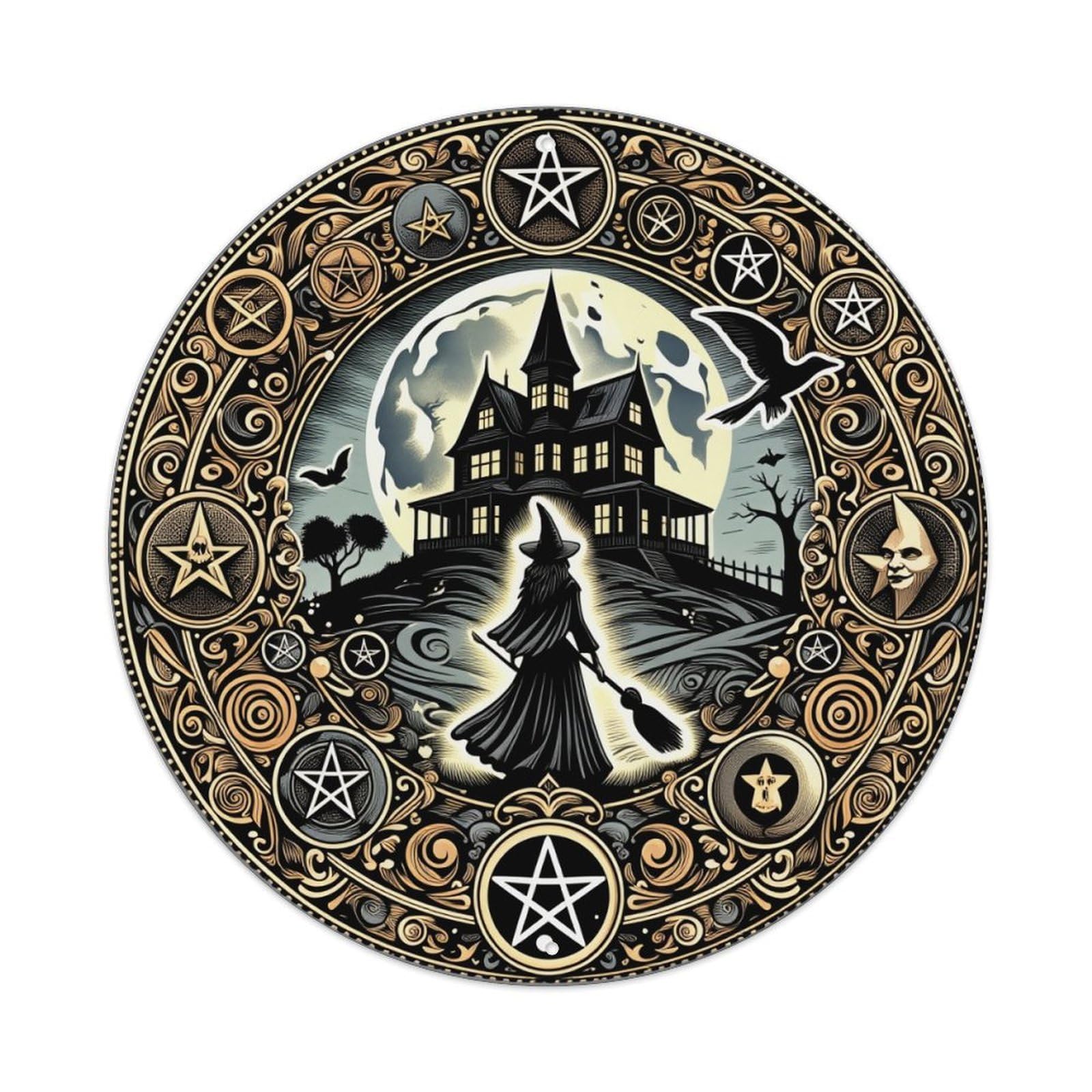 Witch Castle Moon Stars Pentagram Round Tin Sign Retro Metal Sign for Cafe Bar Pub Home Game Room Gym Club Wall Decoration Vintage Metal Poster 8x8 Inch
