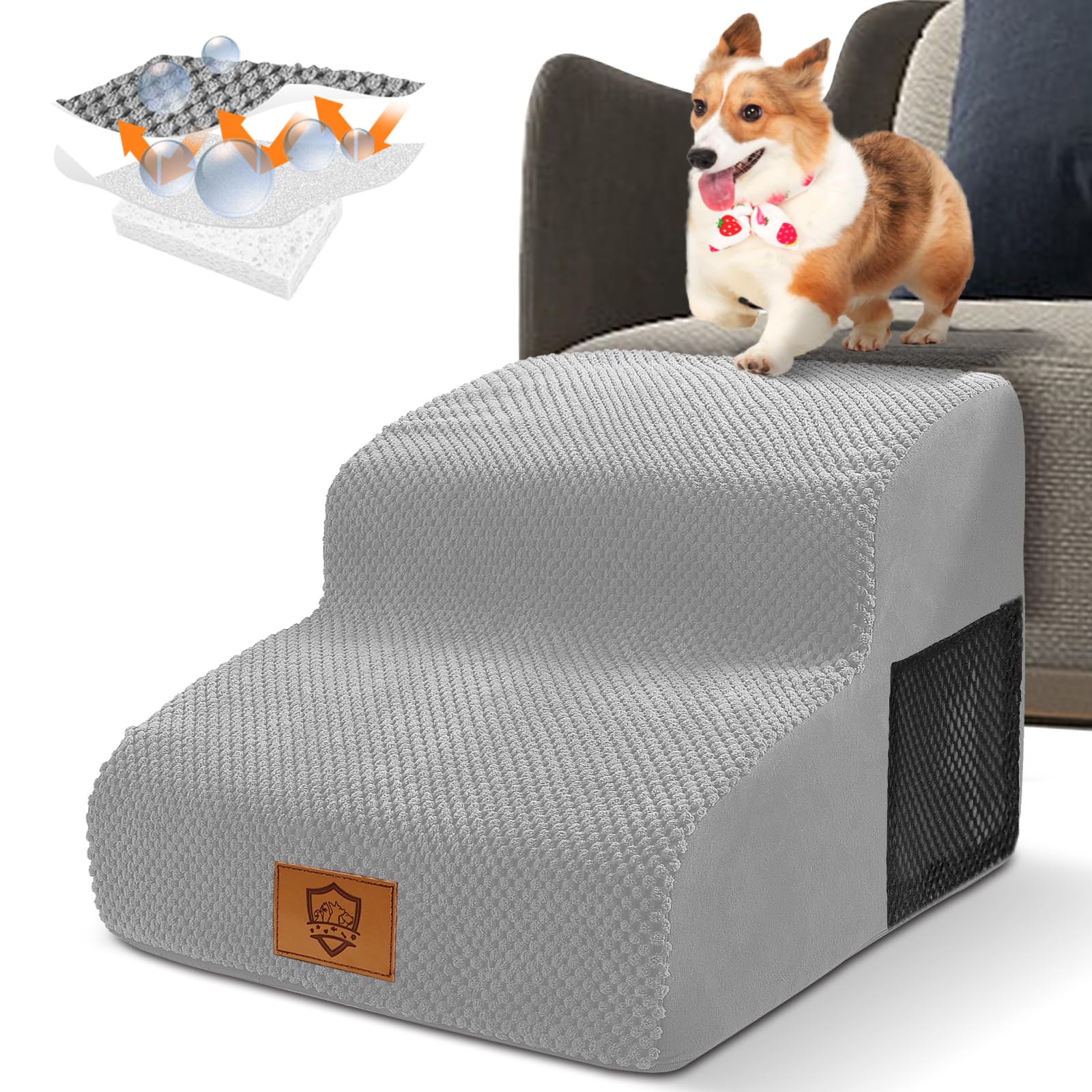 Thihome Hundetreppe für Kleine Hunde, rutschfeste Katzentreppe mit Abnehmbarer Bezug, 2 Stufen Hunderampe, Wasserdicht Haustiertreppe für Bett & Sofa, Grau