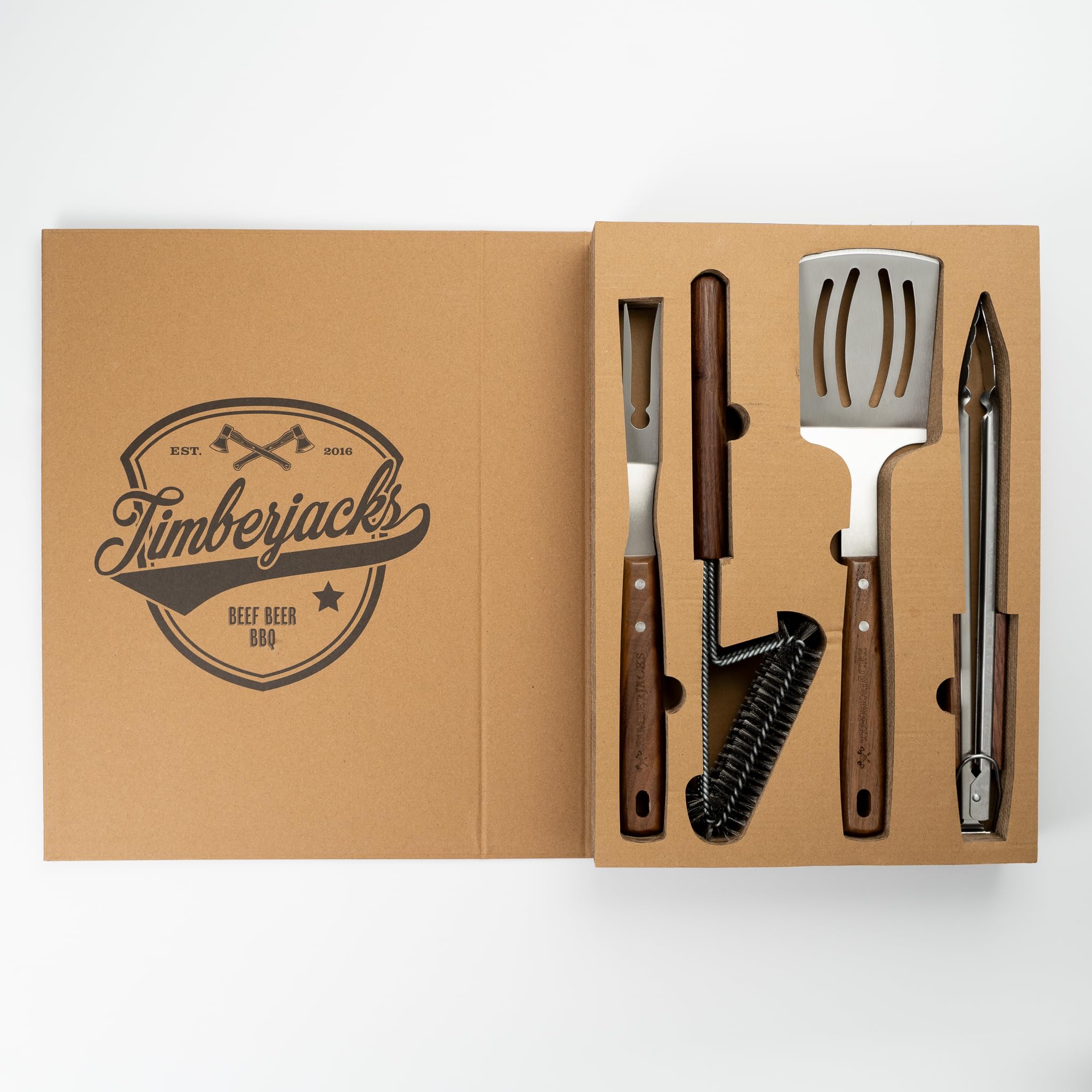 Timberjacks BBQ Grillbesteck-Set, 4-teilig, Edelstahl mit Holzgriff, Grillzange 35 cm, Grillgabel 36 cm, Grillwender 39 cm, Grillbürste 38 cm