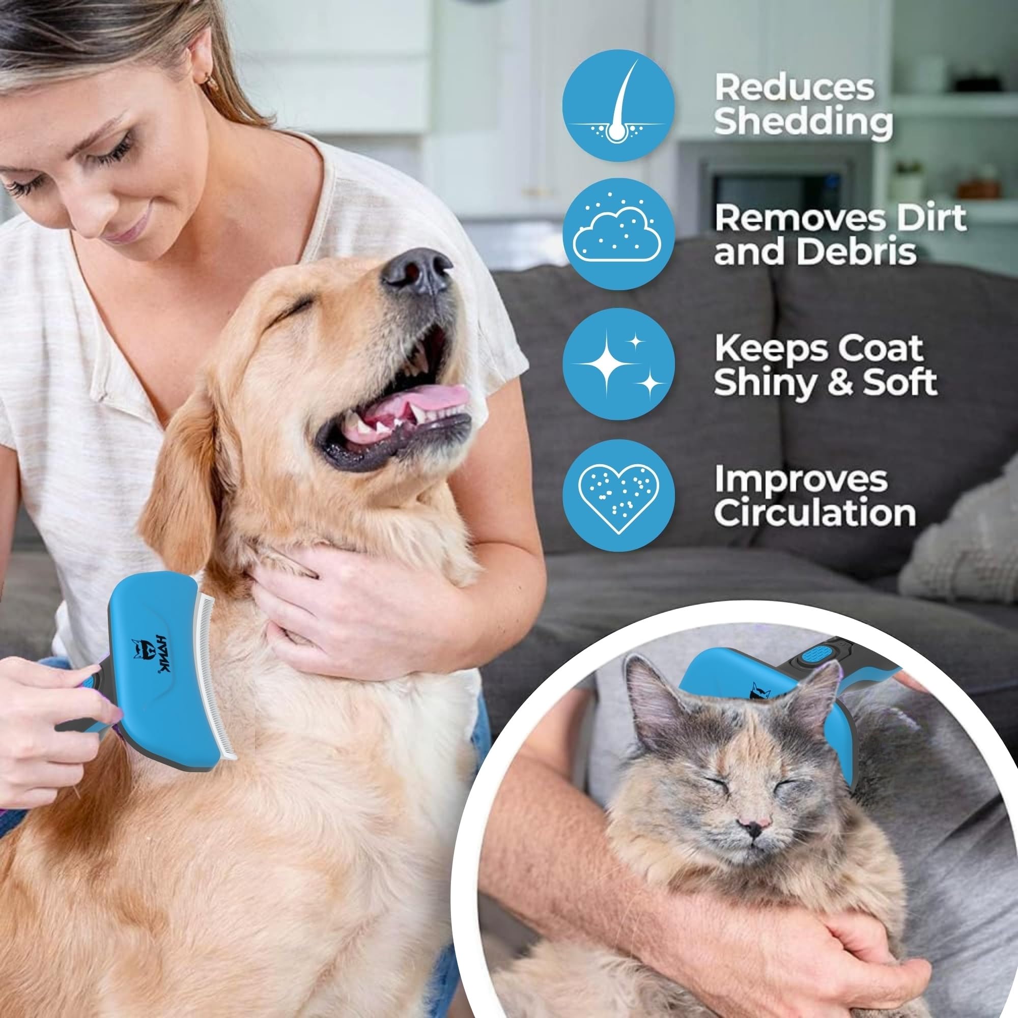 HANK Cepillo para perros – Hoja mejorada de 6 mm – Cepillo para perros para pelo corto, mediano y largo – Cepillo para gatos – Cepillo de aseo de mascotas – Reduce eficazmente el desprendimiento