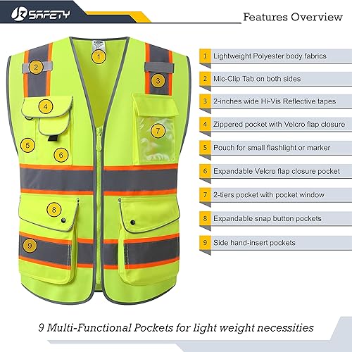 Miniatura 3 de JKSafety - Chaleco de seguridad con cierre frontal 9 bolsillos clase 2 alta visibilidad con correas reflectantes, cumple con normas ANSIISEA...