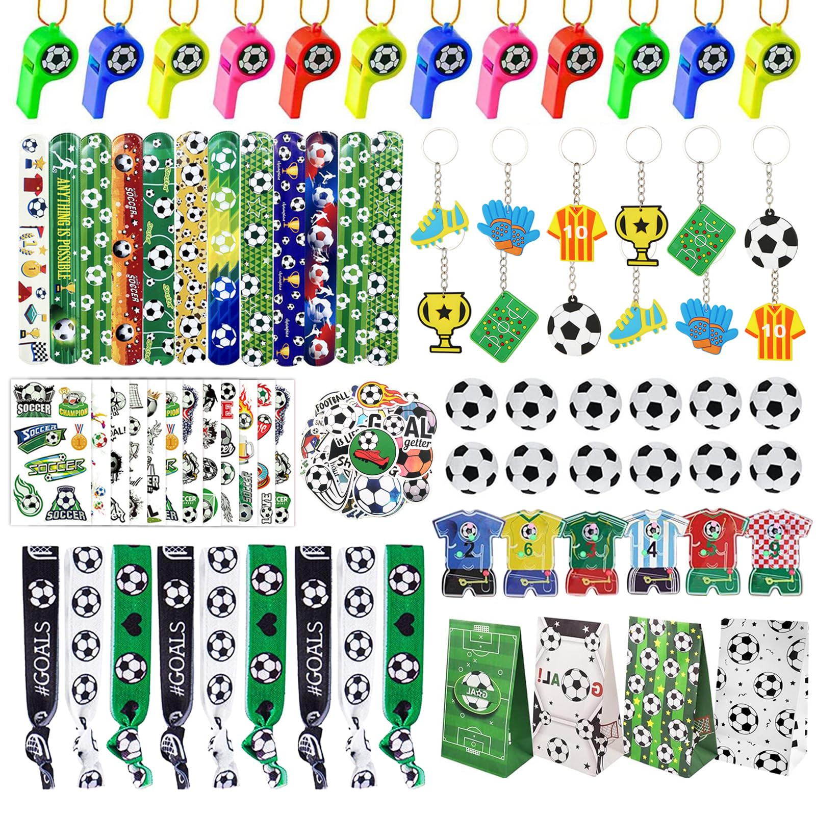 XIPEGPA 146 PCS Soccer Party Favors Soccer Birthday Party Supplies with Soccer Themed Bags Erasers Whistle Stickers Slap Bracelets Keychains for Football Sport Party Favors Goodie Bags Decorations