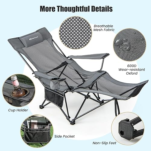 Miniatura 6 de Goplus Silla de campamento reclinable con reposapiés, silla plegable para adultos, con respaldo ajustable, bolsa de almacenamiento y soporte para