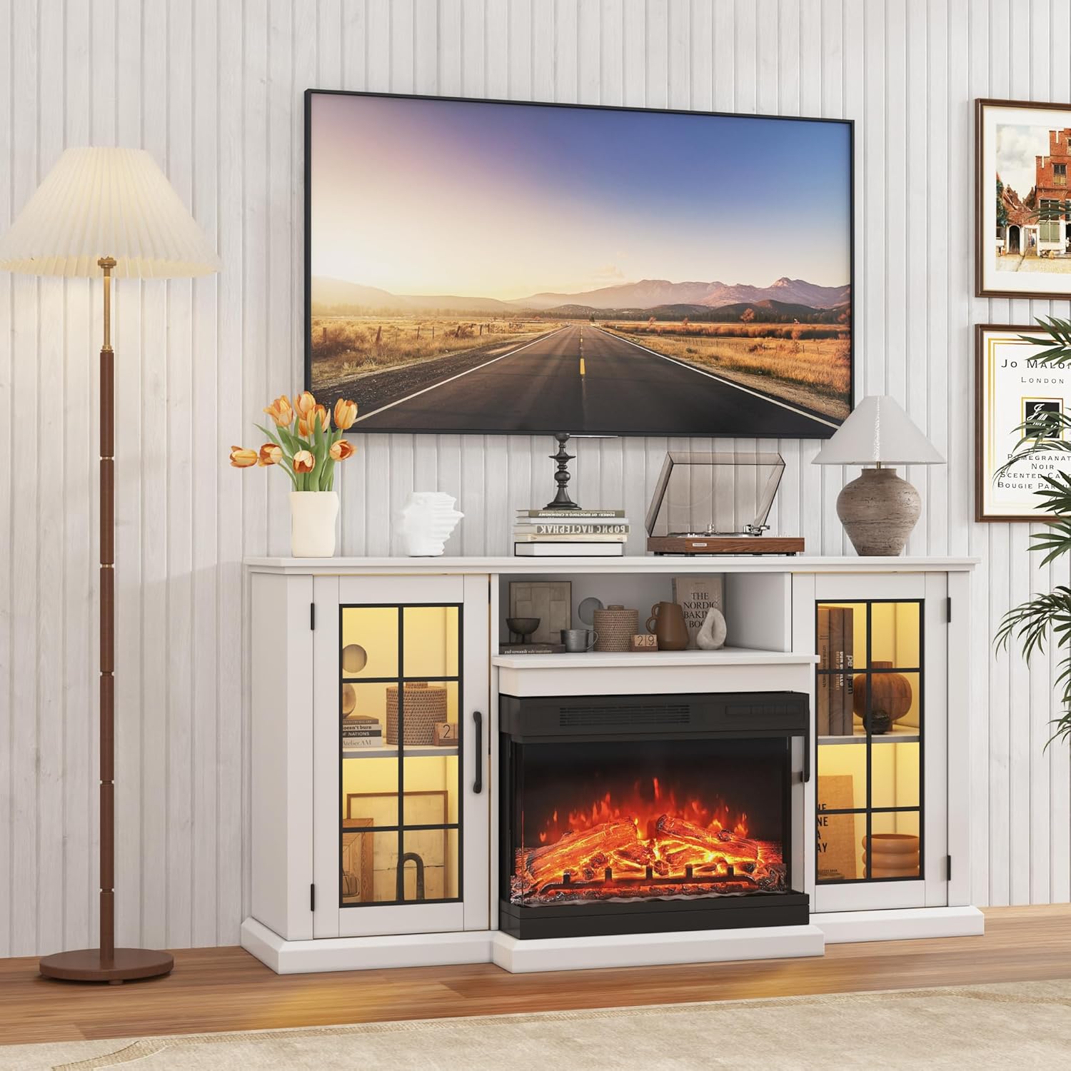 59'' Fireplace TV Stand with 24'' Fireplace, Entertainment Center, 2 Tier TV Console Cabinet with Storage Cabinet, Electric Fireplace Heater with 12 Frame and LED Light Colors, White