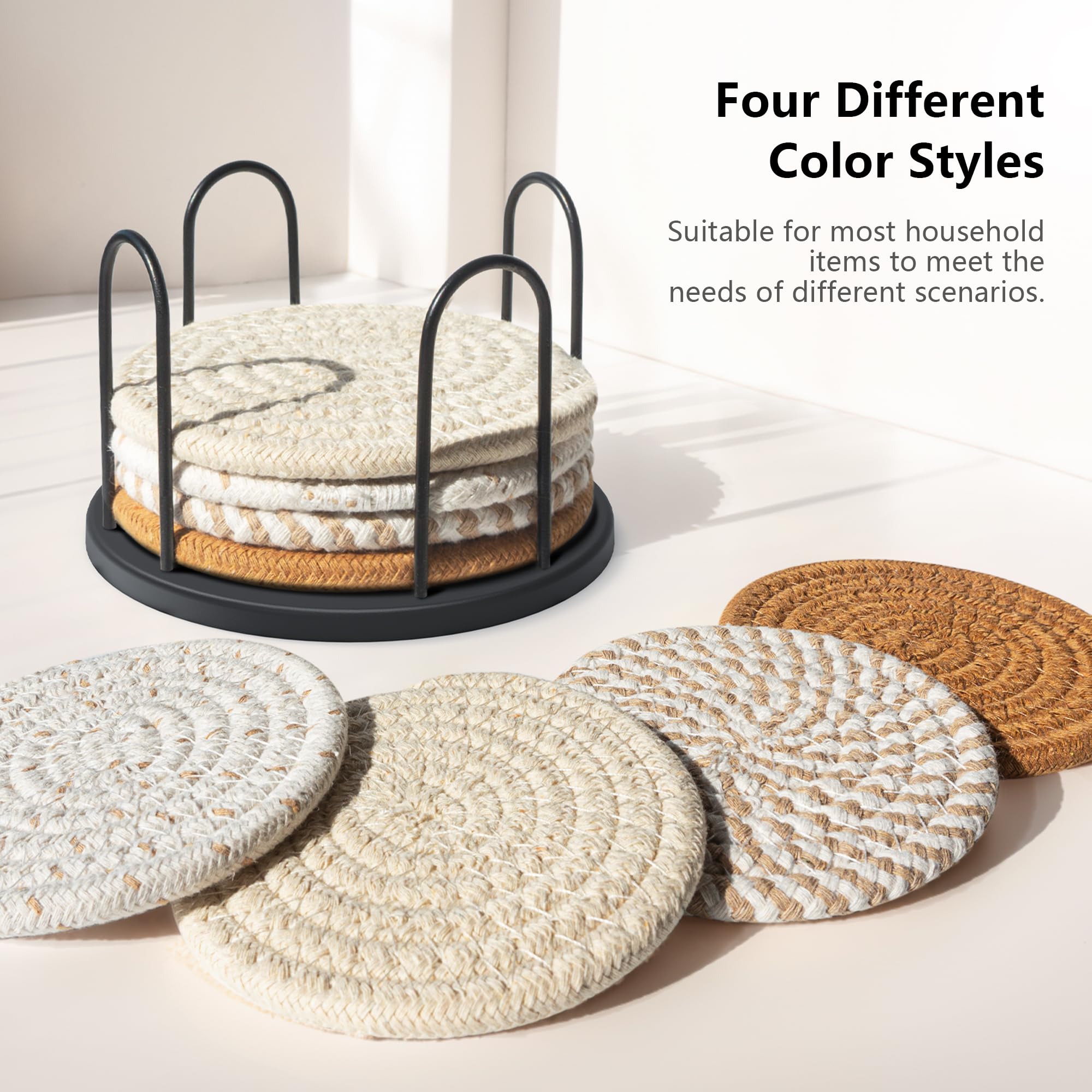 Juego de 8 posavasos para bebidas, cerveza, café, algodón tejido de 4 colores, posavasos absorbentes con soporte, posavasos bohemios para decoración del hogar, protección de mesa, adecuados 4