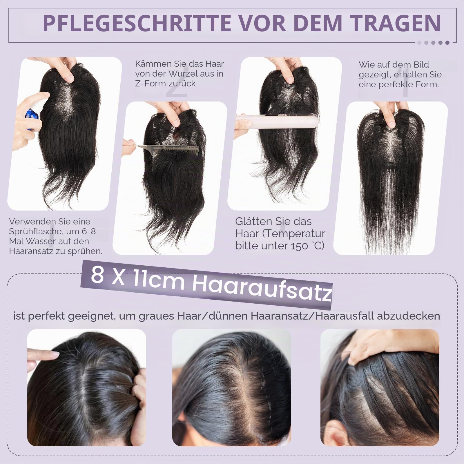 S-noilite Topper Haare für Frauen Echthaar Dunkelbraun - 8x11cm 100% handgeknüpfte Toupets mit Seitenpony Haar Toppers Echthaar Damen Haarverdichtung 21 Gramm