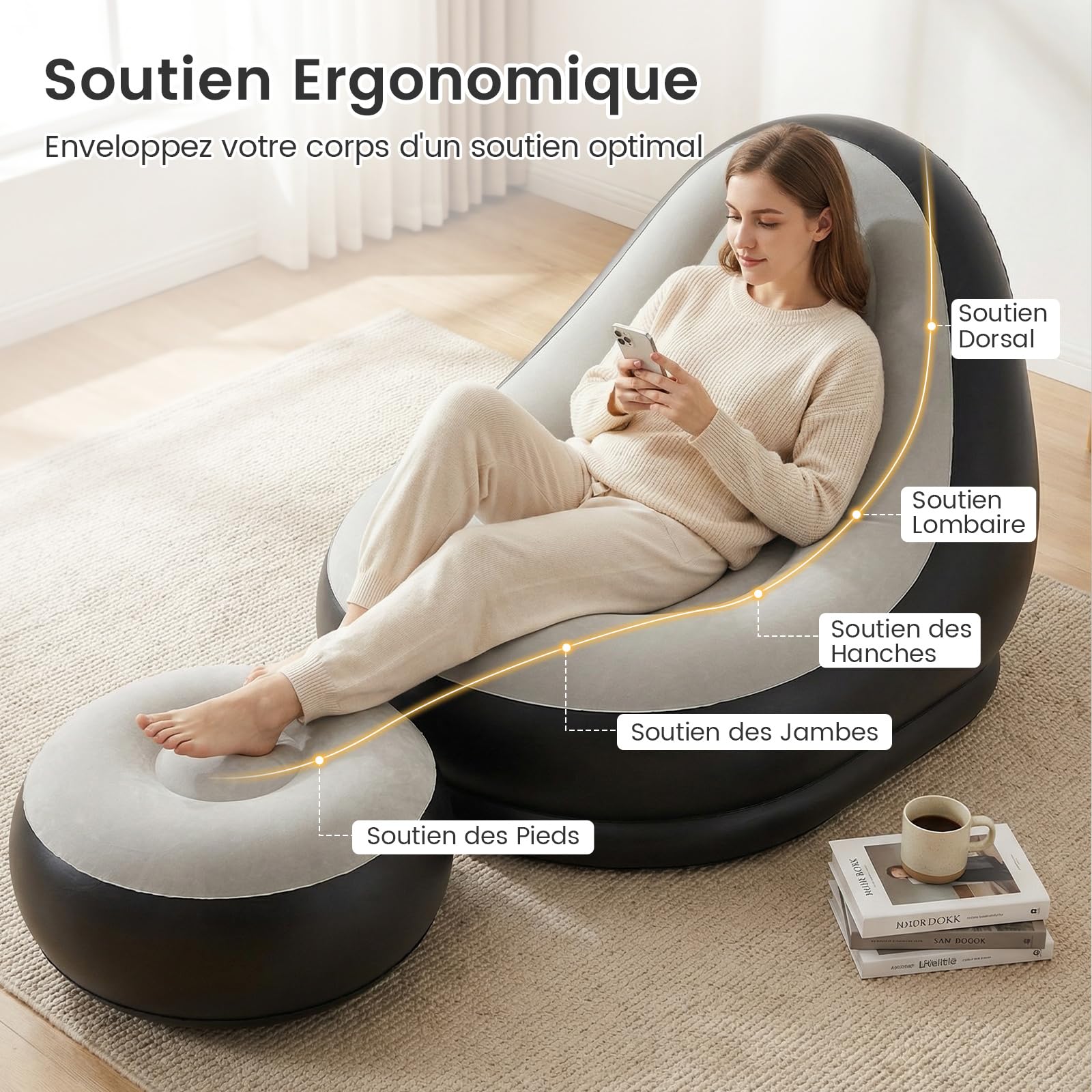 COSTWAY Canapé Gonflable avec Ottoman, Fauteuil Air Portable pour Adultes avec Surface Floquée Porte-gobelet Intégré, pour Extérieur Intérieur Camping Voyage, sans Pompe