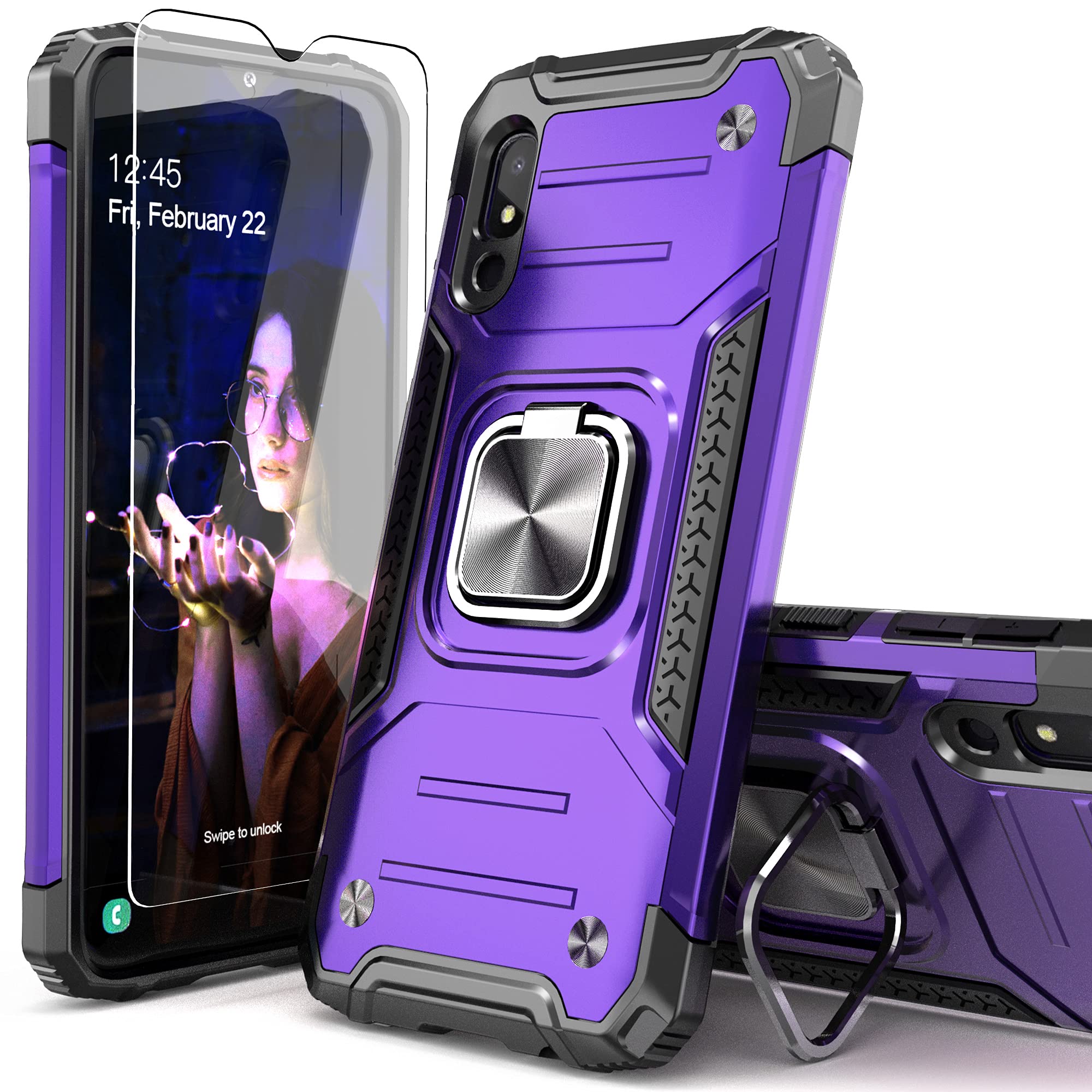 IDYStar for Galaxy A10E Case with Tempered Glass Screen Protector,Hybrid Drop Test Slim Fit Cover with Car Mount Kickstand Slim Fit Protective Phone