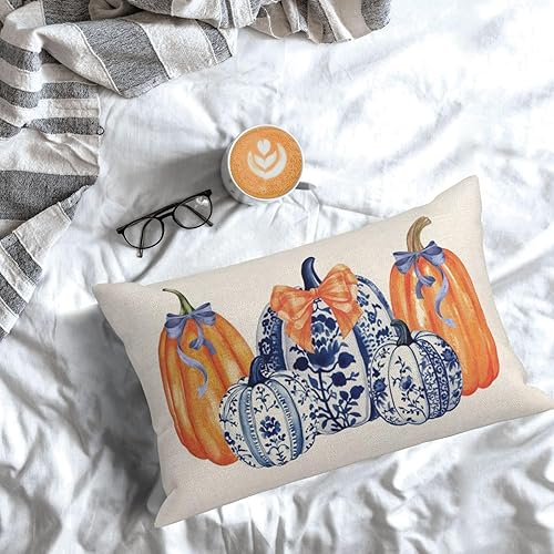 Miniatura 125 de Juego de 2 fundas de almohada de otoño de 18 x 18 pulgadas, hojas de arce de calabaza y búfalo a cuadros, decoración de otoño, de lino, Acción