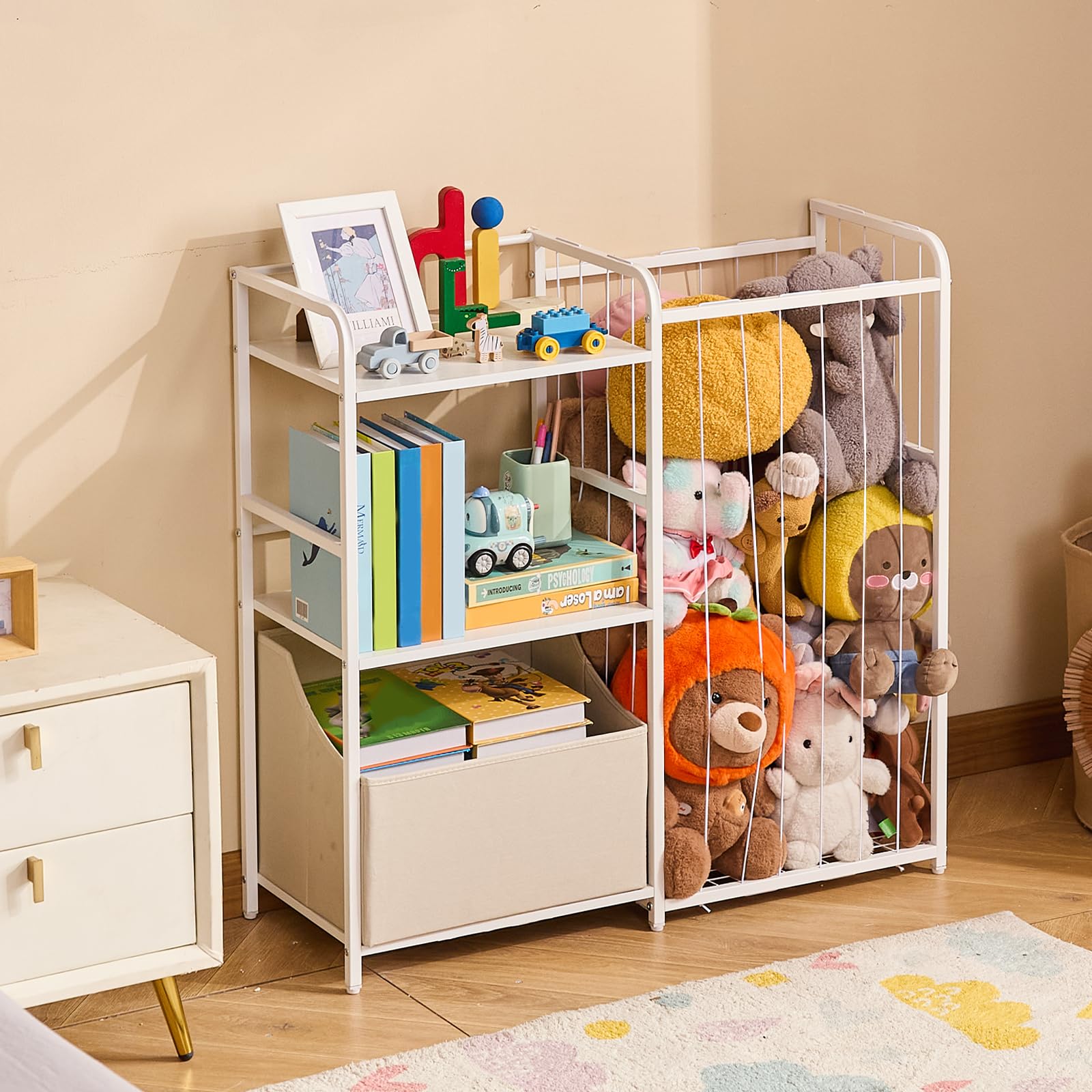 VEVOR Organisateur de jouets animaux en peluche, bibliothèque enfants à 2 niveaux, meuble de rangement avec coffre à jouets en tissu, pour chambres, salles de jeux, crèches et jardins d'enfants, blanc