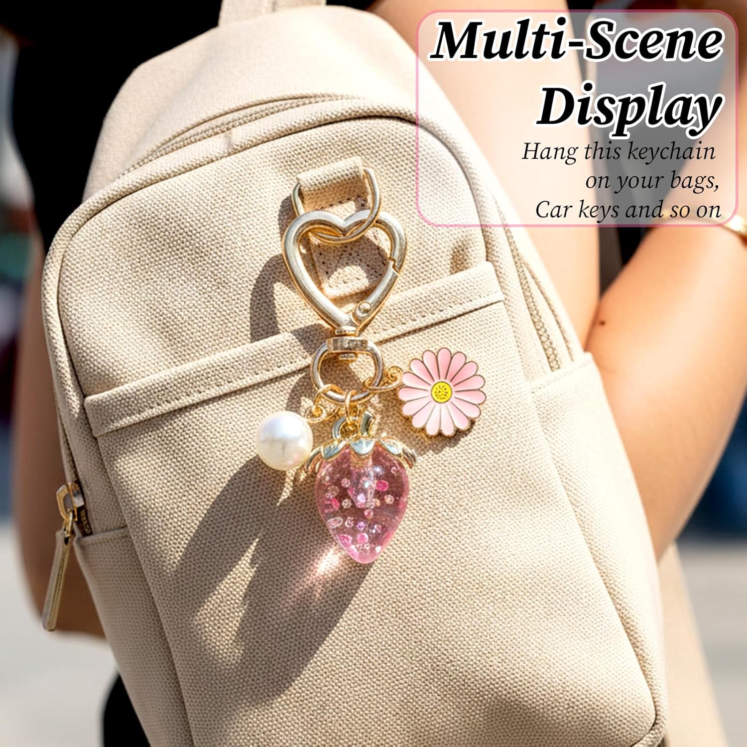 Strawberry Bag Charms,Kawaii Keychains with Pearl,Daisy Fruit Key Chain Charms for Handbags and Purse Bags Accessories - Image 4
