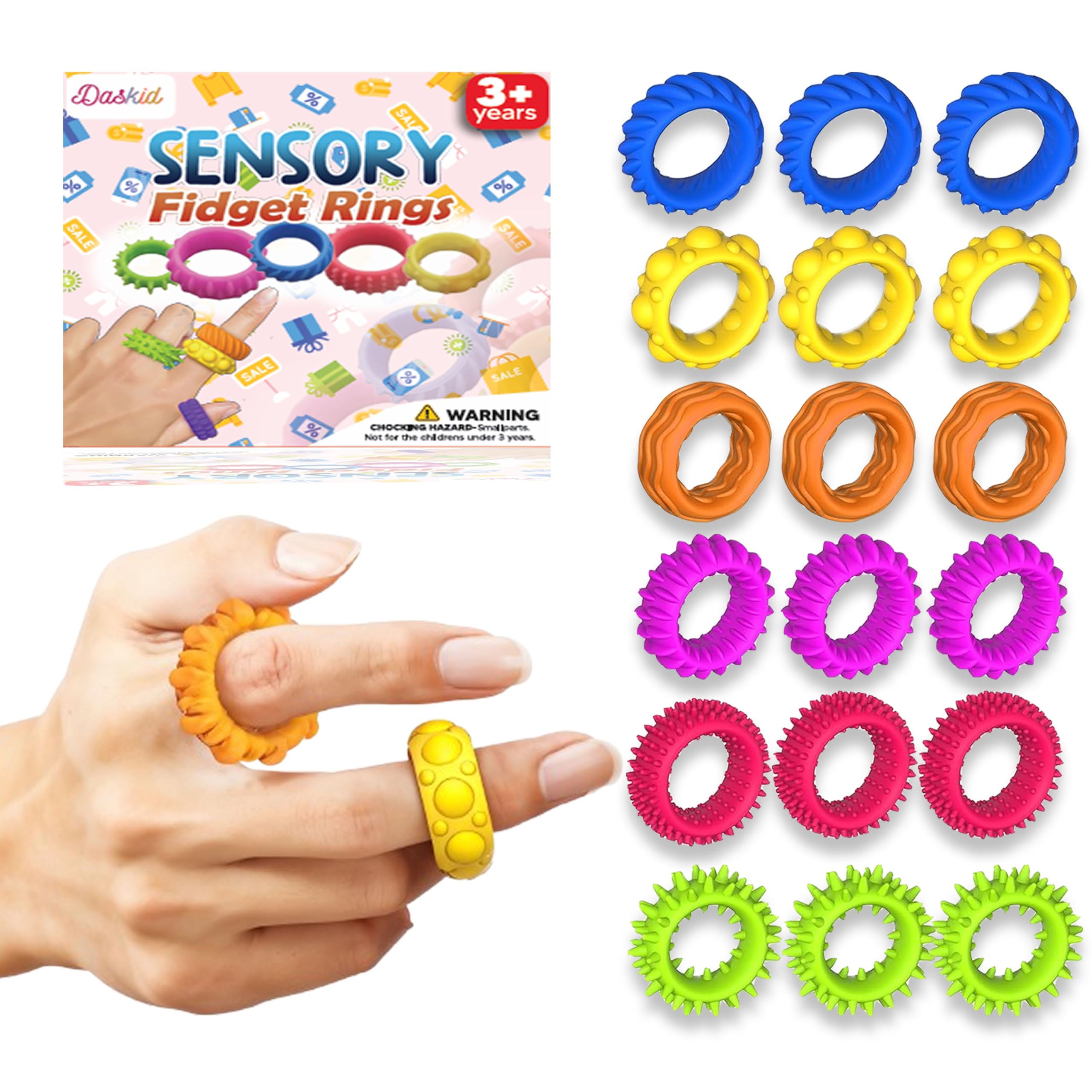 18 Pcs Fidget Sensory Rings Set, Stress Relief Anxiety Rings for Kids & Adults, Soft and Stretchy, Ideal for ADHD Autism