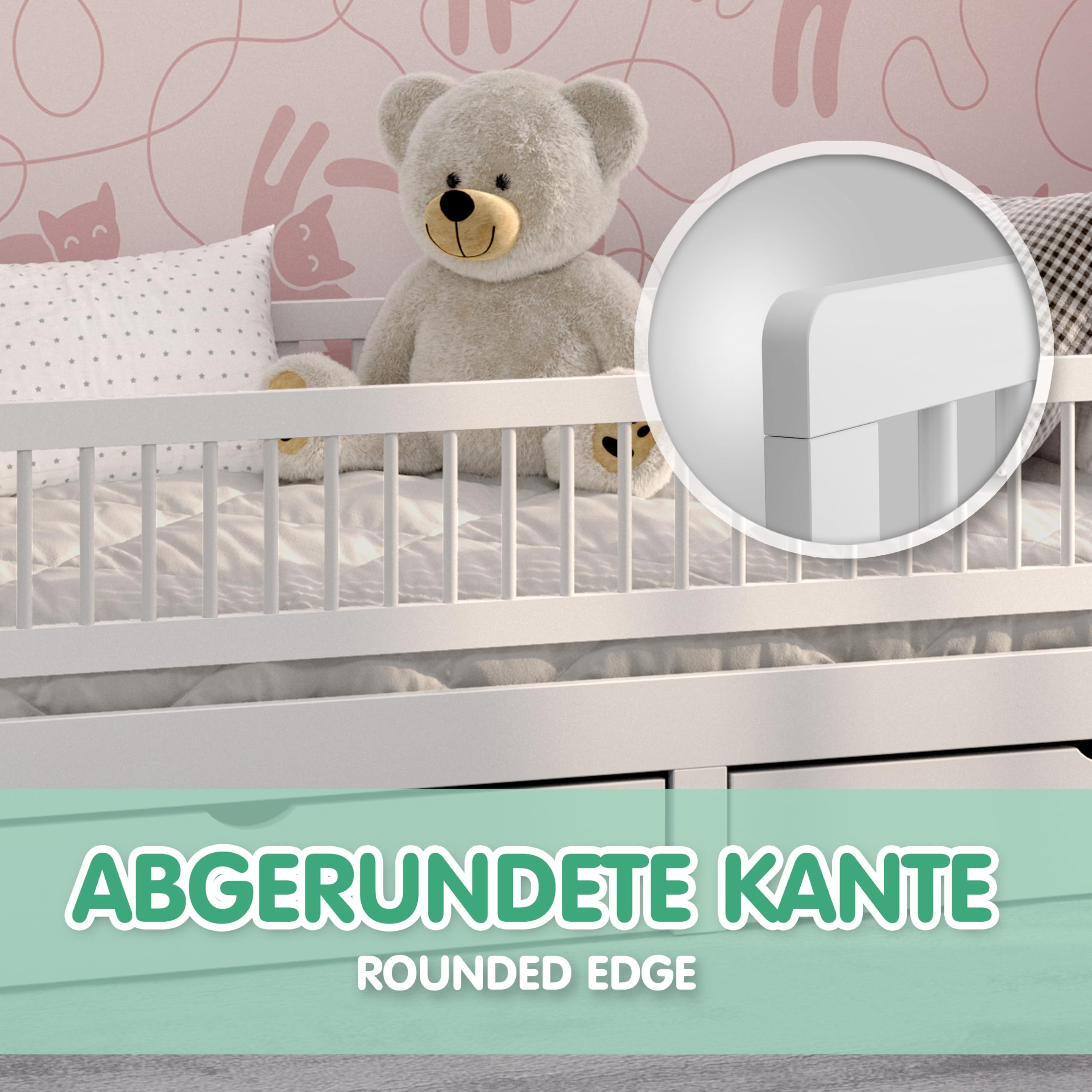 CADANI sponda letto per bambini – barriera anticaduta pieghevole in legno massello per letto matrimoniale e letto per bambini, colore bianco, 140 x 40 cm