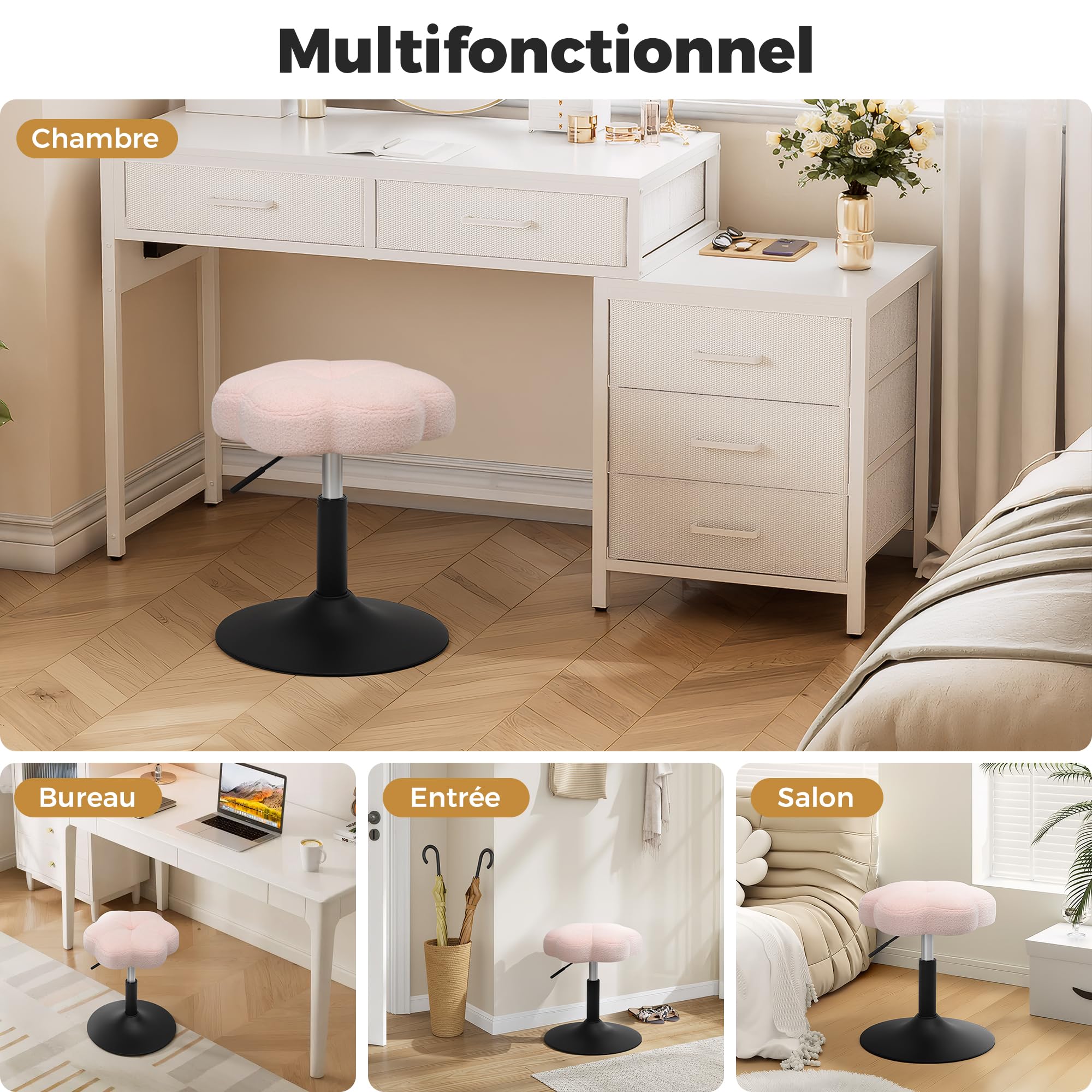 ELUCHANG Tabouret de Coiffeuse, Chaise de Maquillage, Rose Sherpa Tabouret en Forme de Pétale pour Chambre à Coucher, Salon, Bureau à Domicile, 360° Pivotant & Réglable en Hauteur
