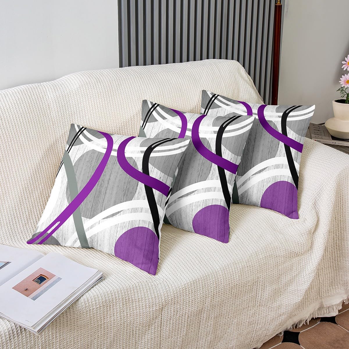 Homemissing Purple Grey and Black Throw Pillow Covers 18x18 Inch Set of 2 Geometric Stripe Swirl Decorative Throw Pillowcases Modern Wavy Circles Pillow Cases Cushion Covers Retro Stripe Swirl - Image 4
