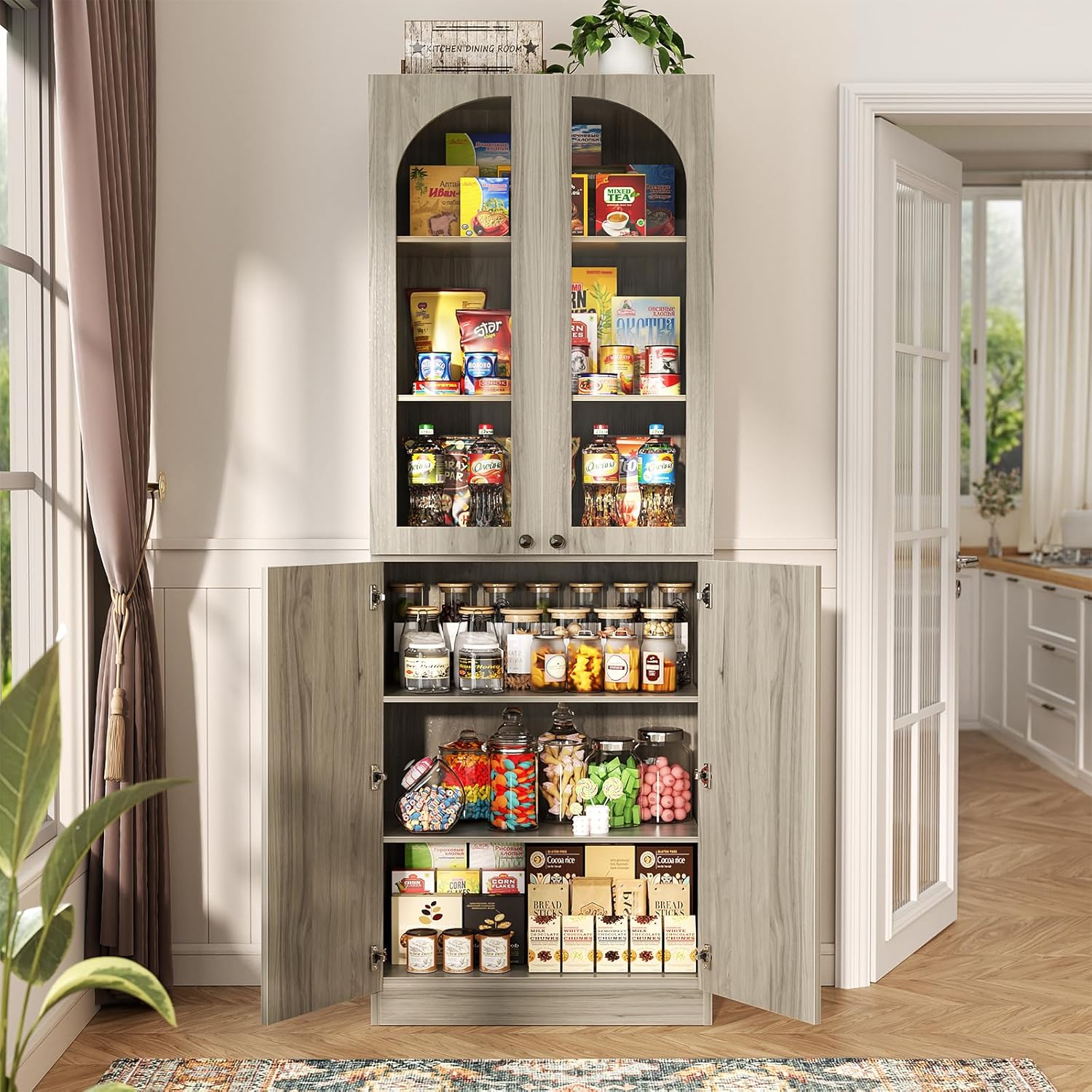 Cyclysio 80" Arched Bookcase Set of 2, 12-Tier Farmhouse Bookshelf with Glass Doors, 2 Set Storage Pantry Cabinet with Adjustable Shelves, Seamless Fit Wall for Living Room, Kitchen (Grey)