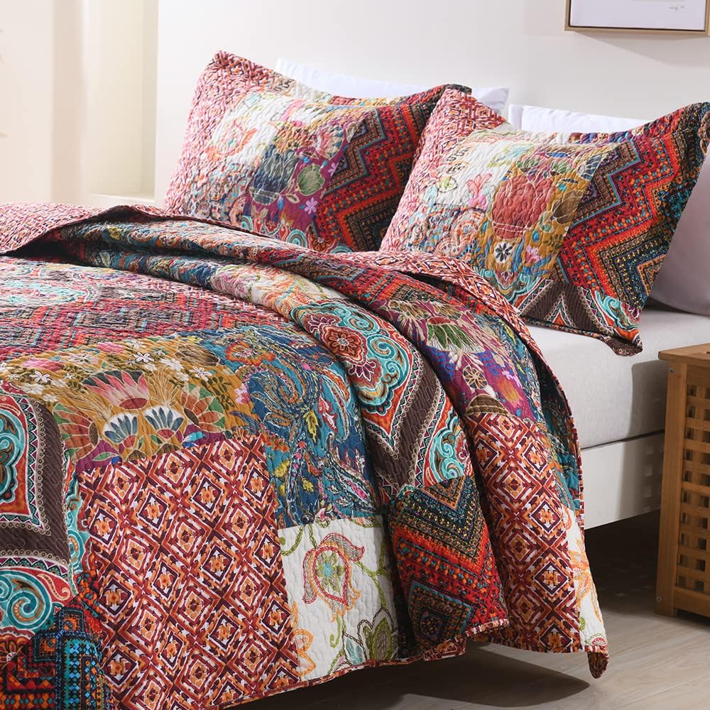 Autumn Dream Cotton Patchwork Bedspread Quilt Sets, Reversible Bedding Coverlet Sets, Red Gorgeous Vintage Pattern, King Size - Image 3