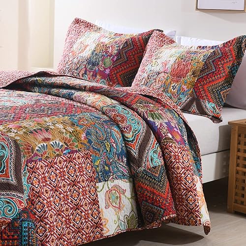 Vista 21 de Autumn Dream Juego de colcha de algodón reversible, juego de ropa de cama reversible, colcha de retazos florales vintage rojo y azul, tamaño King