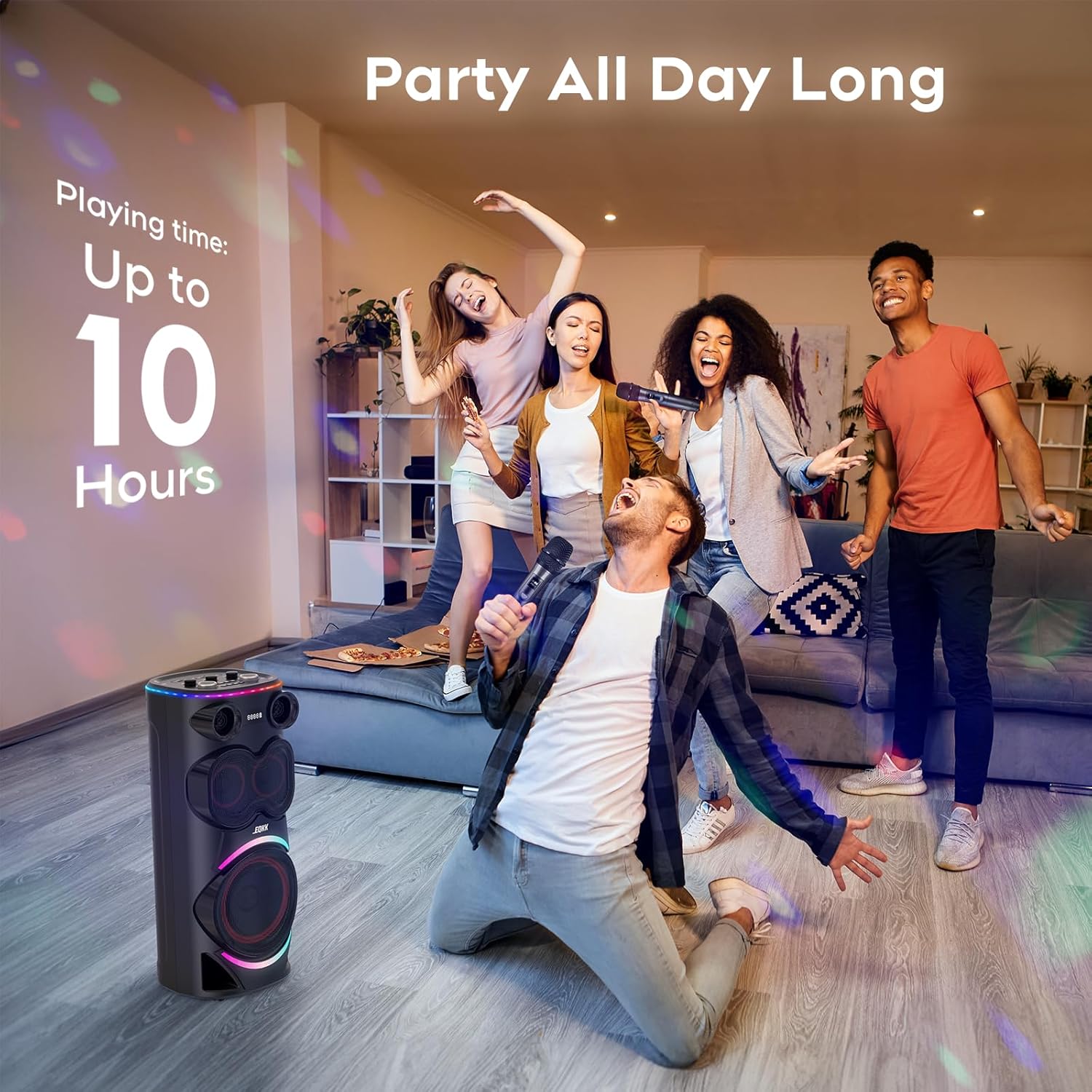 25.9''Karaoke Machine with Two Wireless Microphones and Dynamic Party Lights, Outdoor Bluetooth Speaker with 8” Woofer Wireless with Party Speaker,Speakers Support Bi-Amping(Stage Monitors) - Image 4