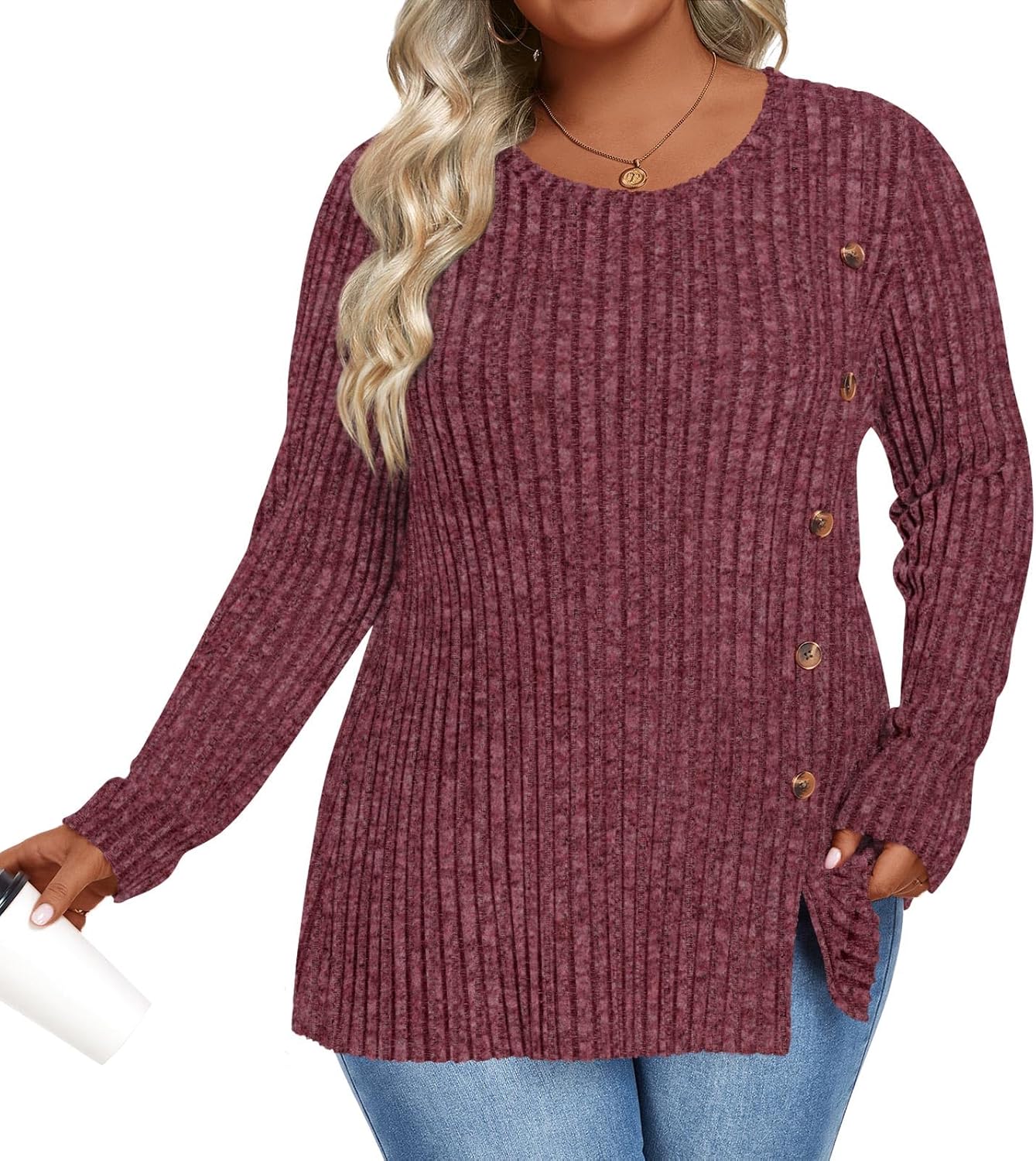 HOTGIFT Womens Plus Size Sweater Tops Long Sleeve Crewneck Casual Tunic Shirts Buttons XL-5XL Blouse Soft Comfy Fashion - Image 2