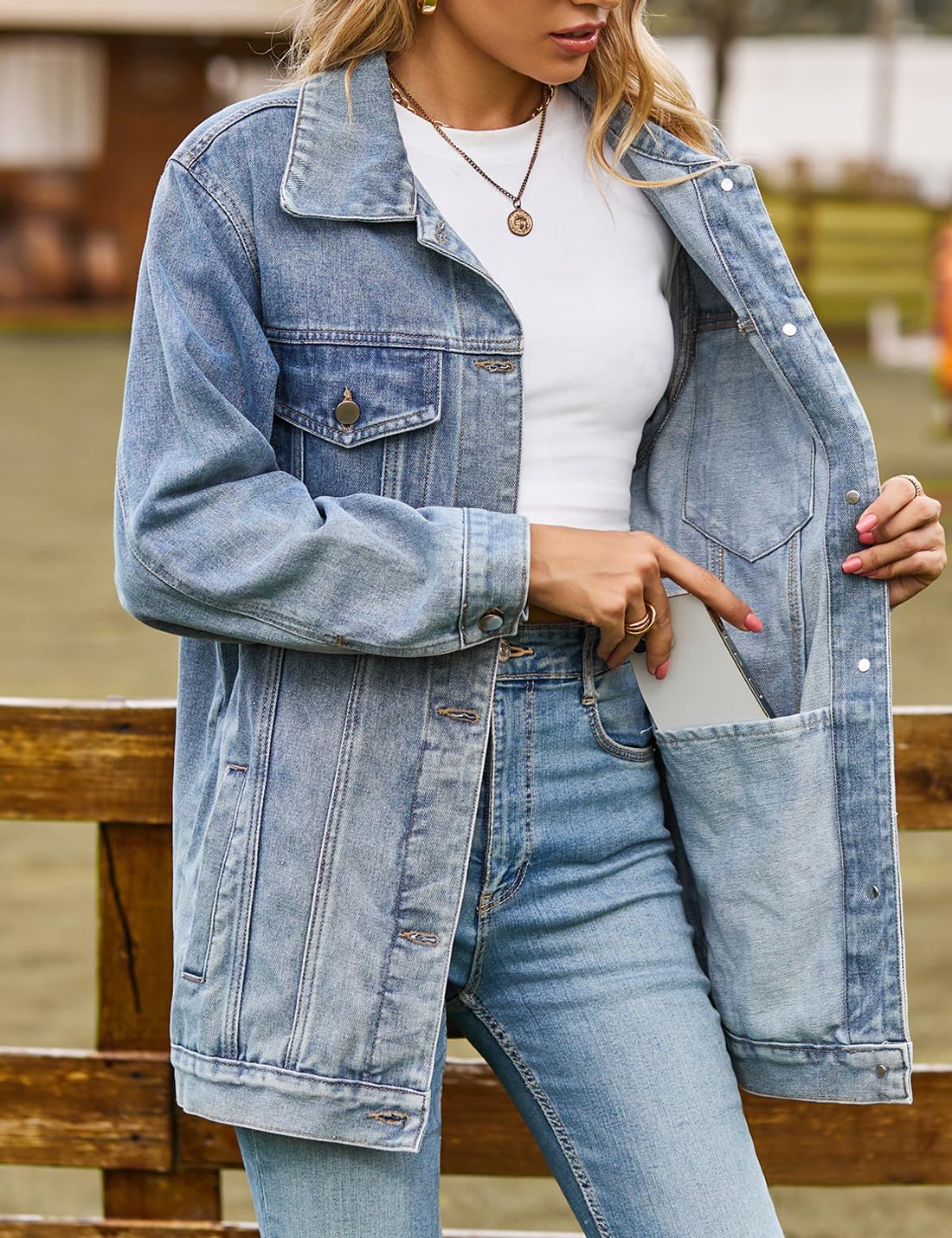 Sukany Chaqueta vaquera casual para mujer, de gran tamaño, con botones, cuello vuelto, holgada, manga larga, abrigo largo medio