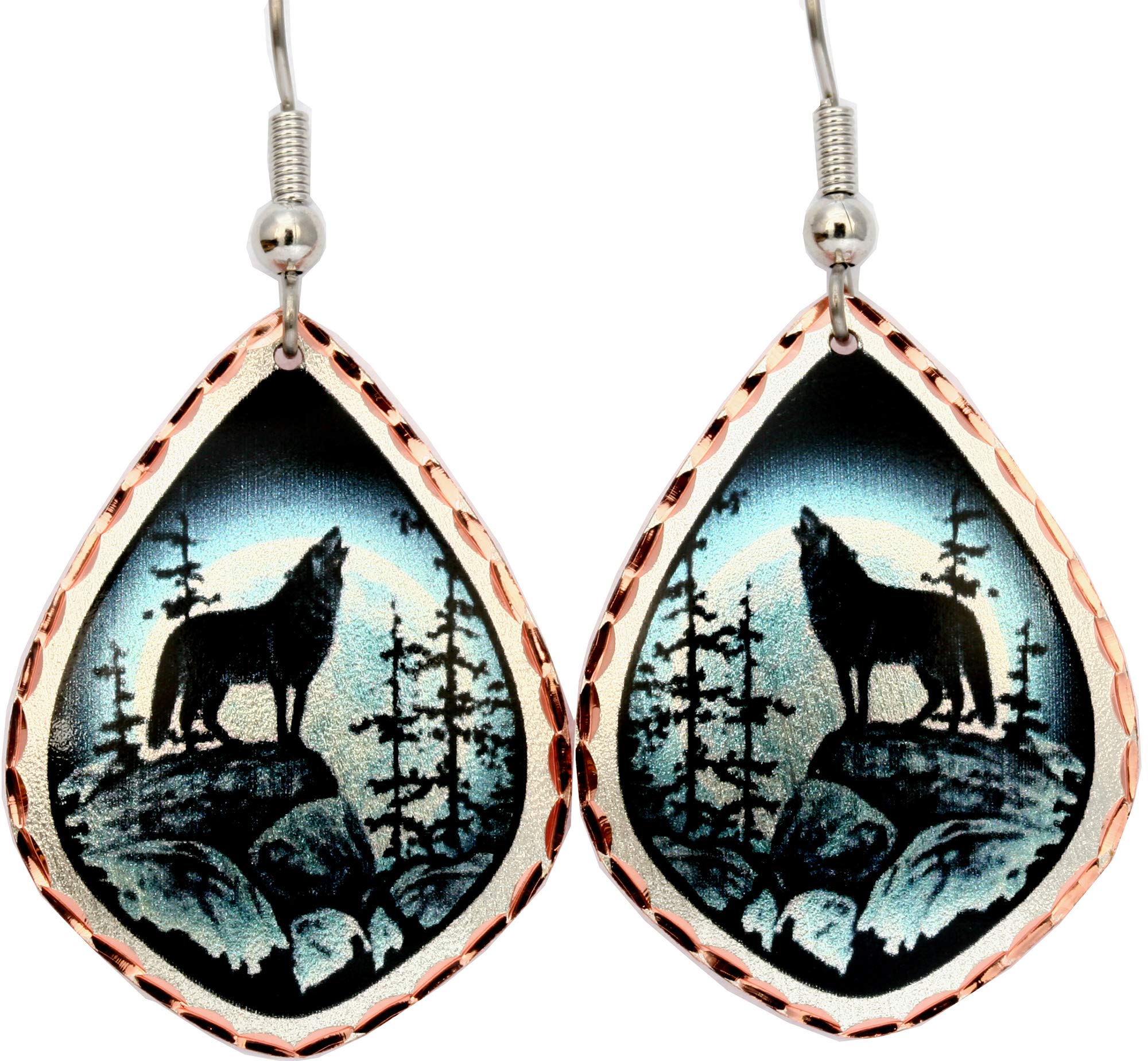 FRONT LINE JEWELRYWolf Earrings Depict a Wolf Howling at the Moon with a Background of Northern Lights- Wolf Jewelry- Wolf-Themed Gifts