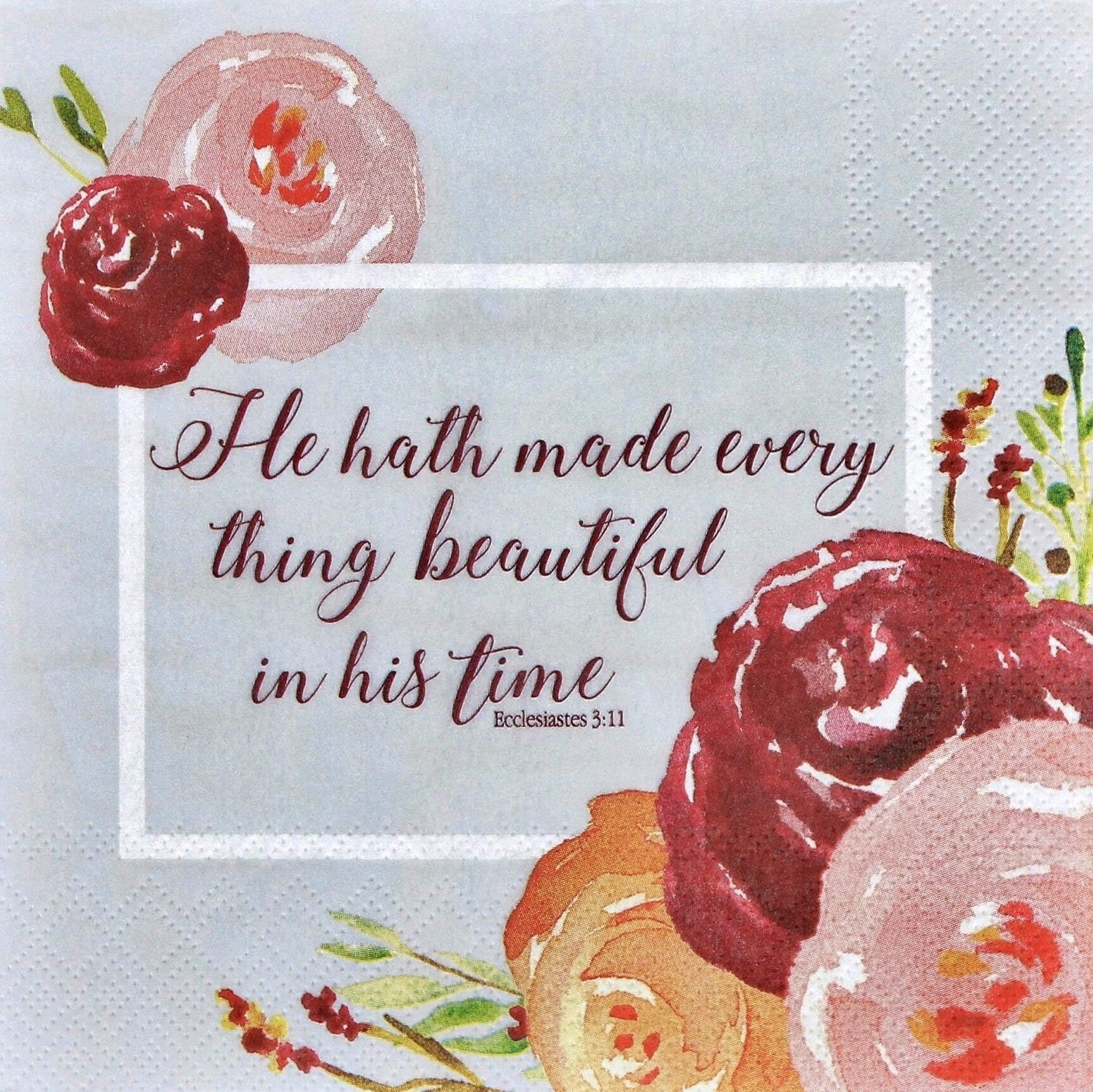 Spring Scripture Paper Napkins, 20 Count, 3-ply, He Hath Made Every Thing Beautiful Bible Verse, Watercolor Summer Floral Scripture Napkins