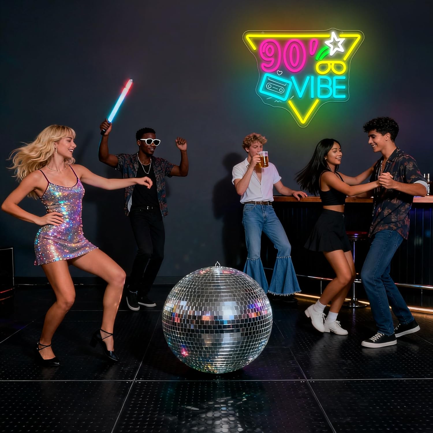 90'Vibe Neon Sign for Wall Decor Dimmable Back To The 90's LED Neon Lights for Party Retro Vintage Background Decor Music Signs for Club Birthday Cafe Bar Game Room Gifts Size 14.5 * 11.8in(GLNP330)