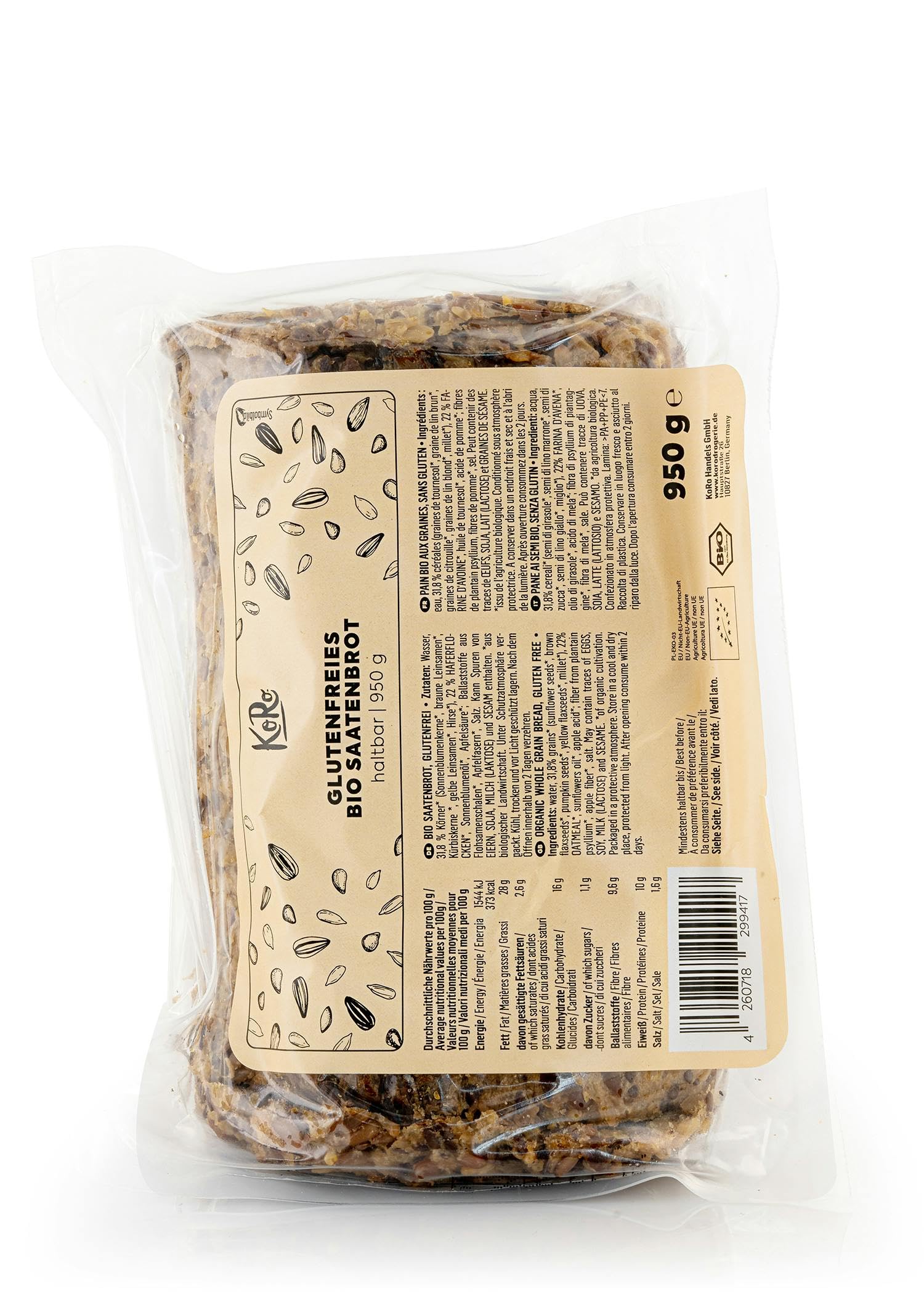 KoRo - Pane di semi senza glutine bio 950 g - Gusto rustico e naturale – Tagliato a fette – Alto contenuto di fibre