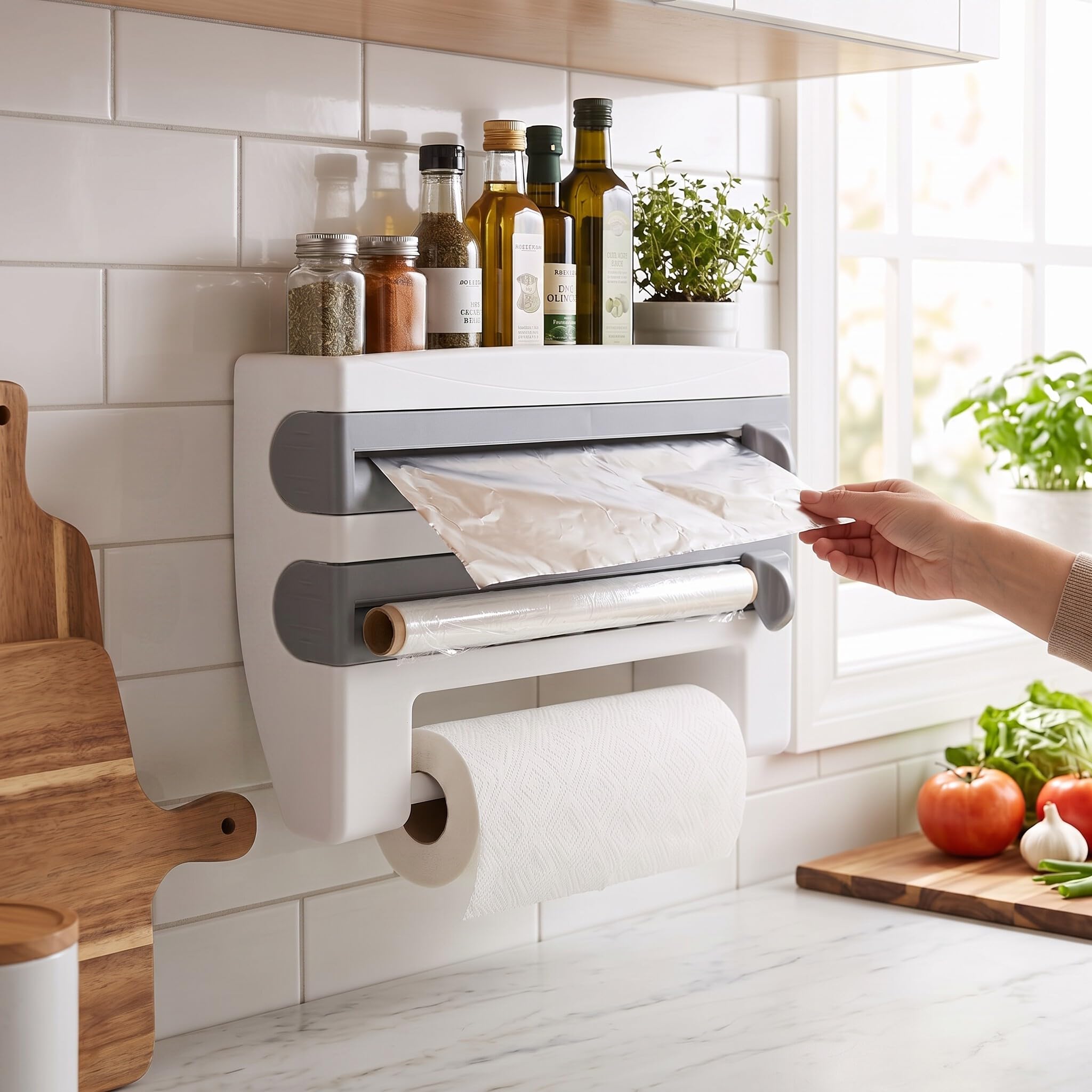 Desbobinador de Film Transparente para Alimentos, Soporte de Pared para Toallas de Papel y Film, Estante de Cocina Multifuncional para Almacenamiento, Diseño Moderno en Gris y Blanco