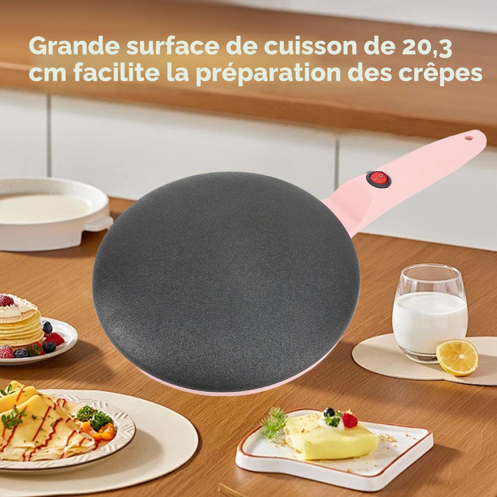 Crêpière électrique Generic, Boulanger Compact Portable, Contrôle Automatique de la Température, Revêtement Antiadhésif de 8 Pouces, Crêpière avec Fouet à œufs, Rose, Plastique, Prise européenne 220 V