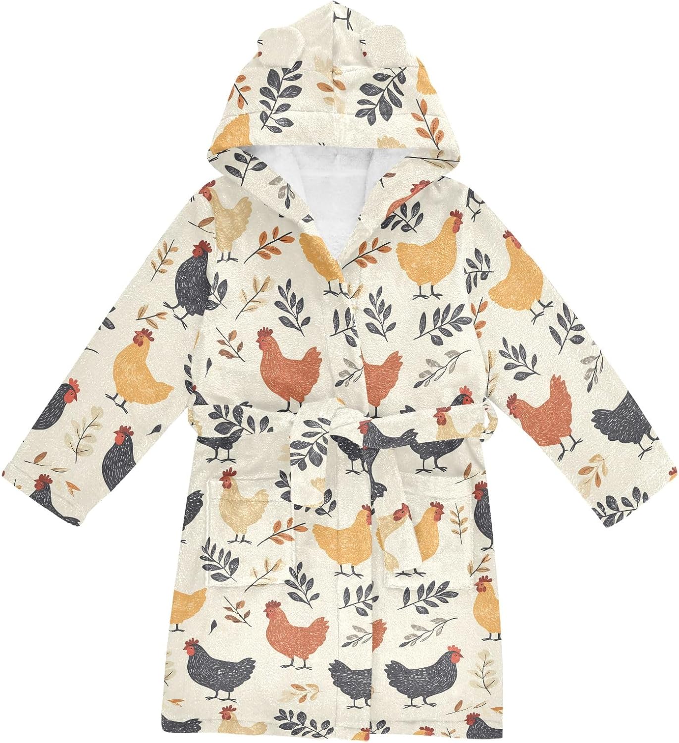Rooster Leaves Pattern Toddler Hooded Bathrobe for Boys Girls Soft Plush Bath Towel Robe 2-12 Years
