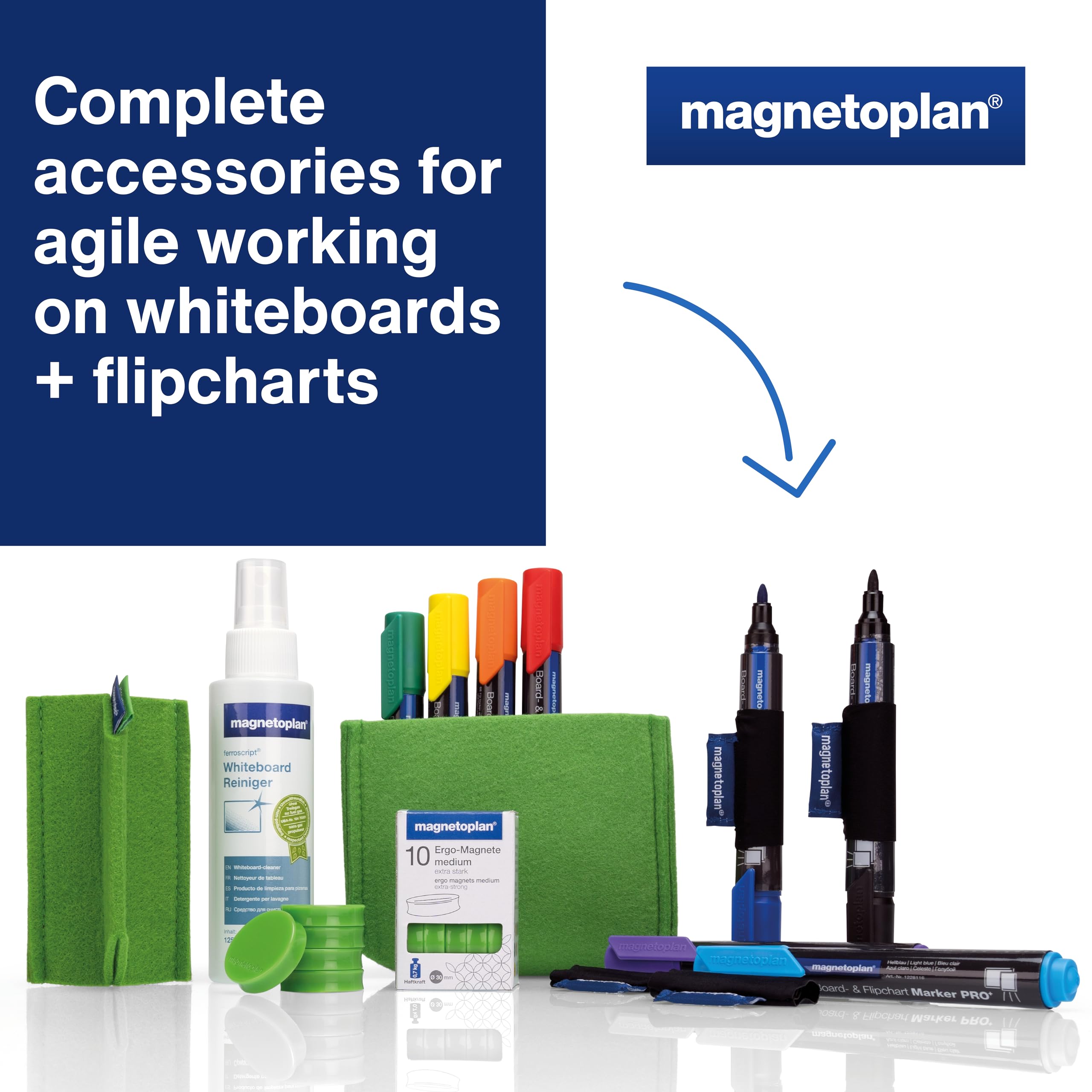 magnetoplan Tablica suchościeralna Essentials Kit | praktyczny kompletny zestaw do zwinnej pracy na tablicy suchościeralnej + flipchart | z markerami, magnetycznymi uchwytami na długopisy, pojemnikiem