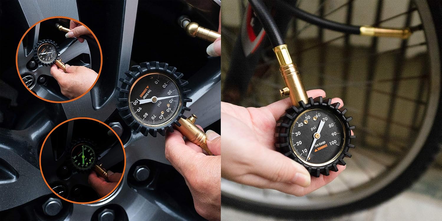 Summit Tools Tire Pressure Gauge with Glow Dial, 0 to 100 PSI, Hold Valve, 10 in. Flexible Hose, Pressure Bleeding Button, Rubber Head Cover. Automobile Accessory (ST-TIRE-PRES-2)