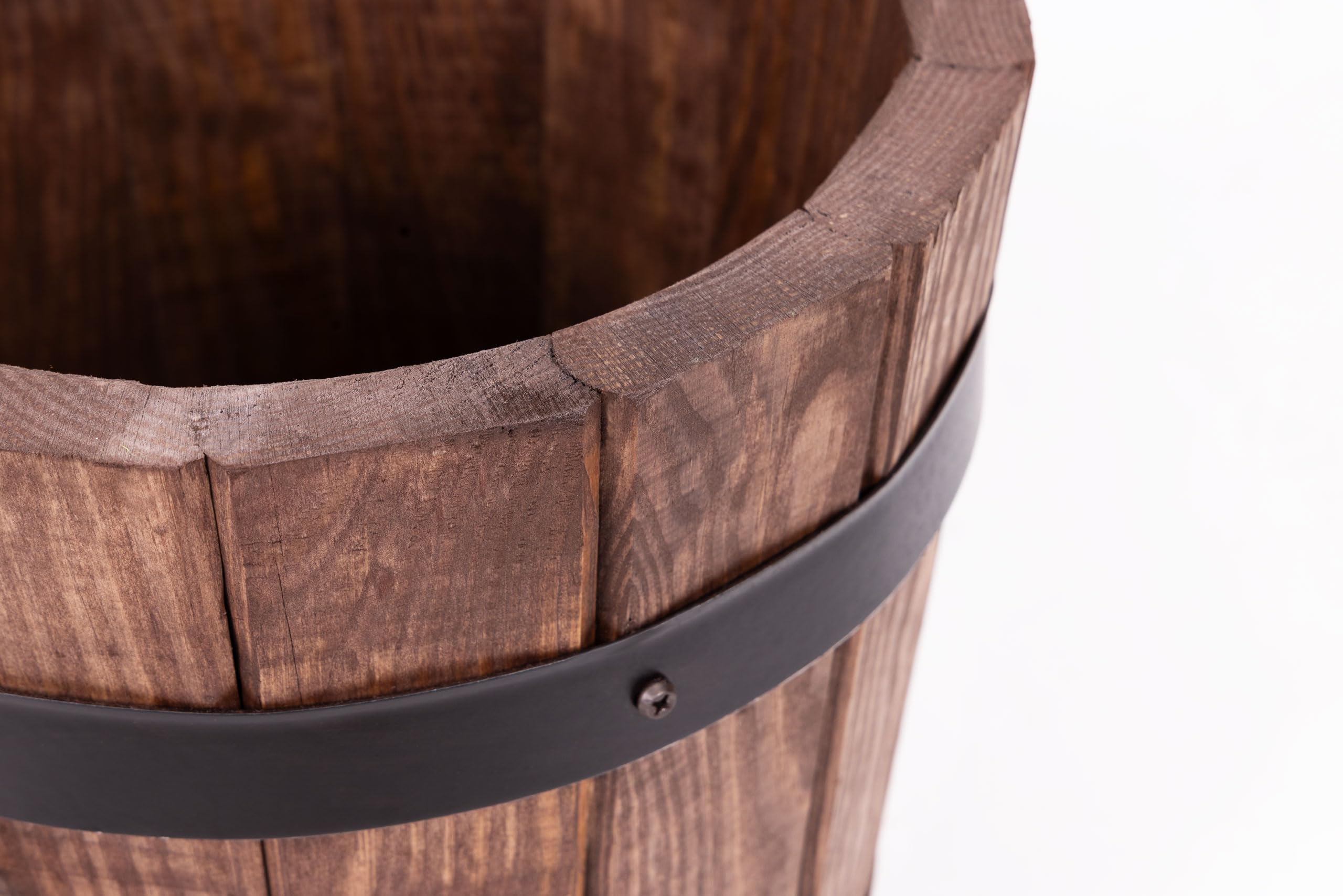 Großer Holz Blumentopf Runder Garten Pflanzkübel mit Metallringen Dekoratives Holzfass als Pflanztopf Wetterfeste Blumenkübel für draußen Balkon Terrasse & Garten (braun, Ø42 x H26)