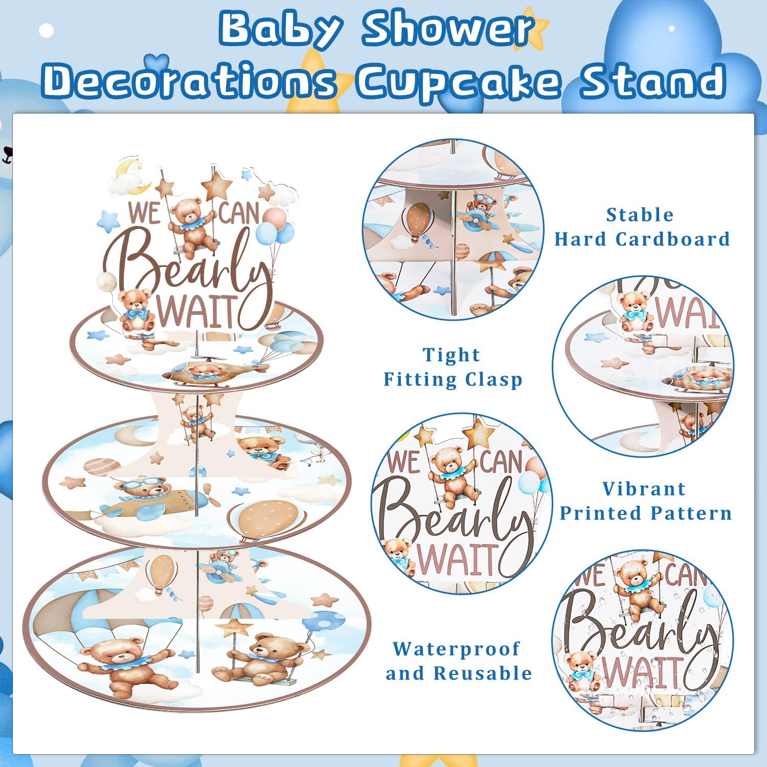 Keluna Bear Baby Shower Decorations - We Can Baby Shower Bearly Wait Decorations 3 Tier Blue Brown Bear Theme Cupcake Stand Bearly Wait Birthday Party Supplies for Gender Reveal image 3