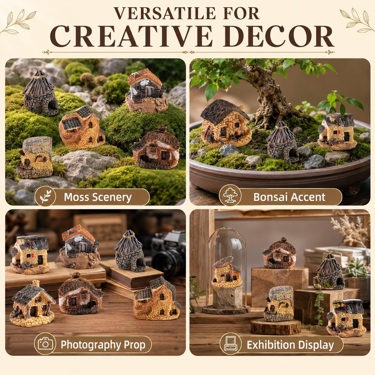 8 Pack Miniature Stone House, Resin Village House Fairy Garden Kits Figurines, Fairy Garden Kits Dollhouse Supplies DIY Outdoor Decorations, Plant Pot Micro Land
