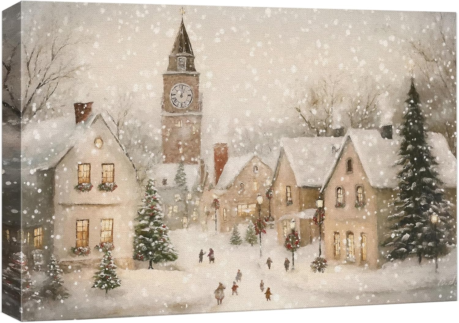 wall26 Canvas Print Wall Art Charming Snowy Town Square Christmas Village with Clock Tower Illustration Modern Art Scenic Colorful Warm for Living Room, Bedroom, Office - 32"x48"