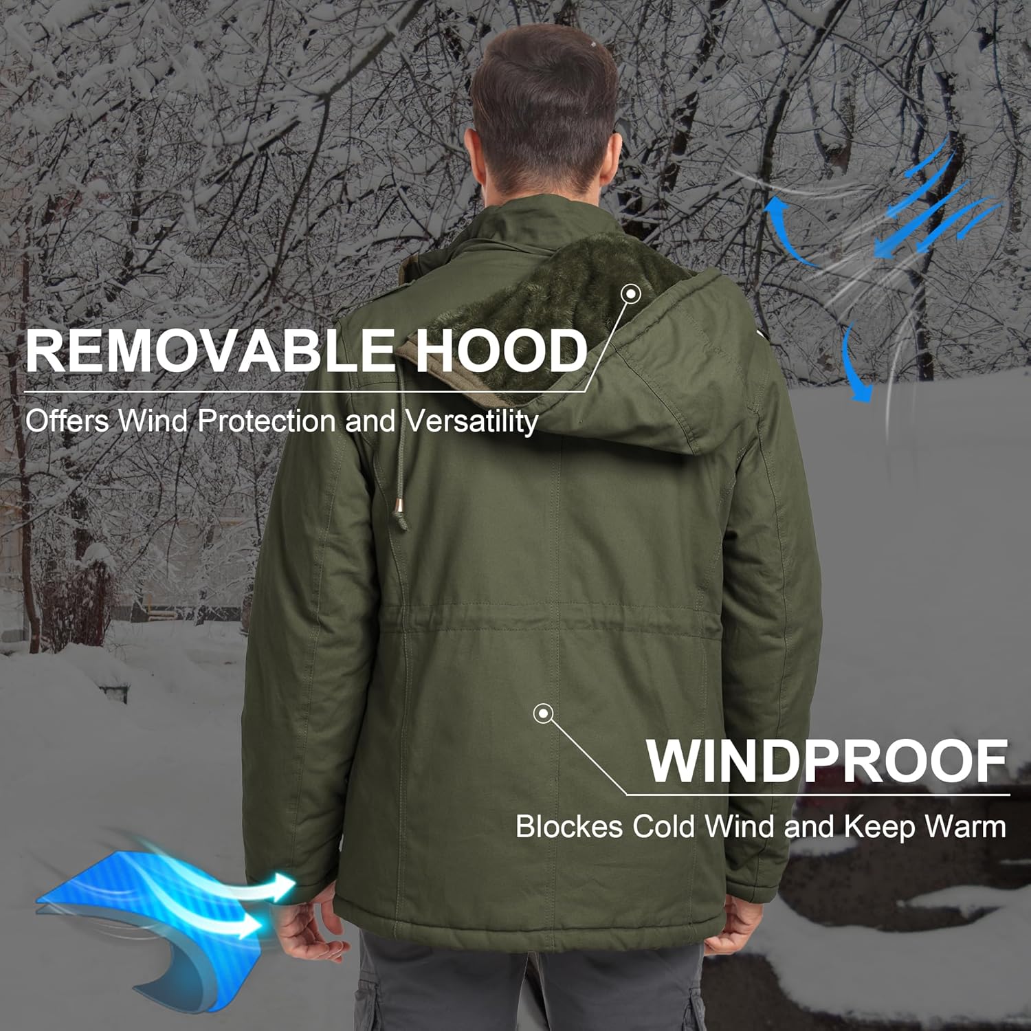 CHEXPEL Men's Winter Jackets with Hood Cotton Military Jackets Fleece Lined Thick Work Coats with Cargo Pockets - Image 4