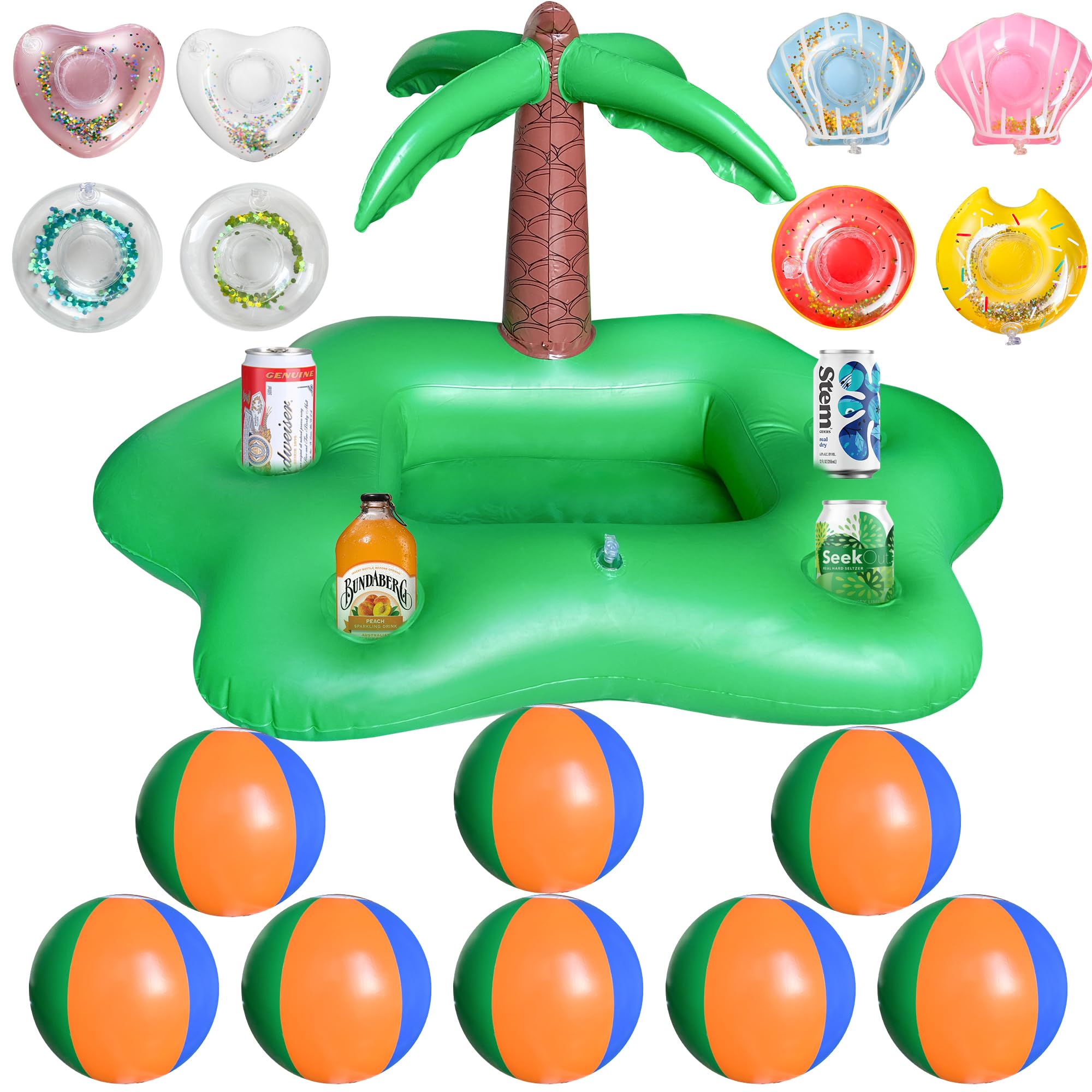 Kleeblatt Large Pool Drink Holder - Inflatable Floating Drink Holder for Pool 8pcs - Beach Balls 8pcs - Beach Vacation Essentials
