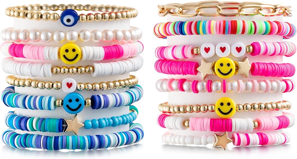 LieToi Preppy Heishi Bracelets Set Colorful White Gold Smile Heart Star Evil Eye Beaded Polymer Clay Pearl Stackable Charm Y2K Kidcore Summer Beach Bohemian Layering Bracelets Jewelry for Women Girls Teens