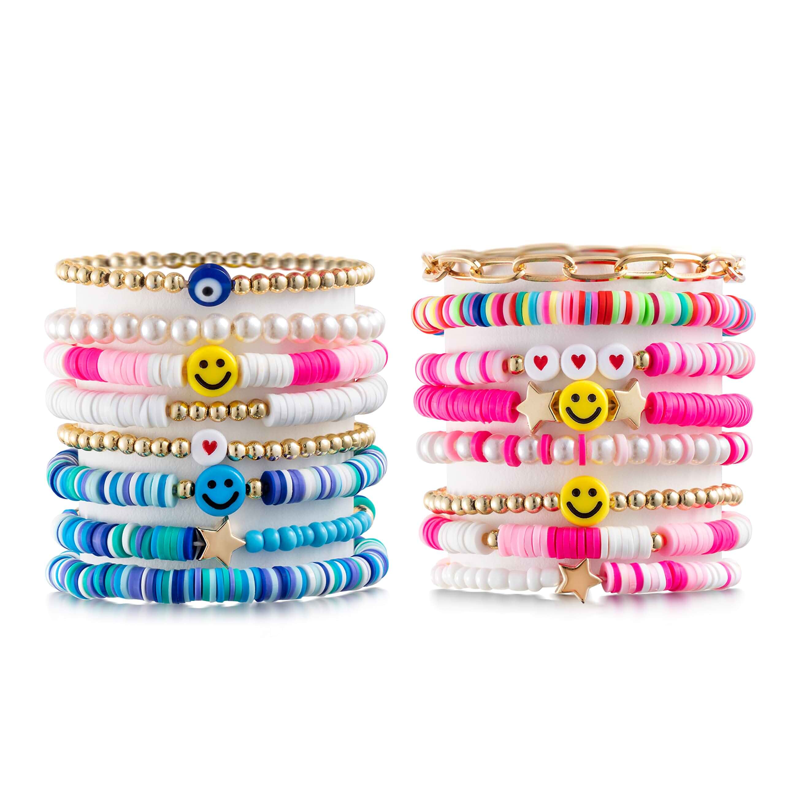 LieToi Preppy Heishi Bracelets Set Colorful White Gold Smile Heart Star Evil Eye Beaded Polymer Clay Pearl Stackable Charm Y2K Kidcore Summer Beach Bohemian Layering Bracelets Jewelry for Women Girls Teens