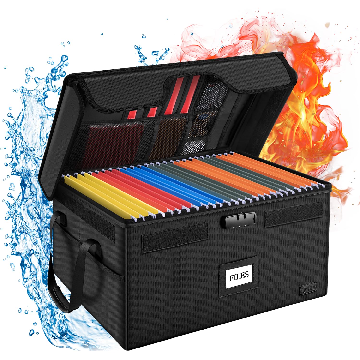 AMBOR Large File Box with Lock, Fireproof Document Box with 5 Tabs, Collapsible File Organizer with Handle for Home Office for Letter & Legal Folder/Certifications/Books Storage, Black