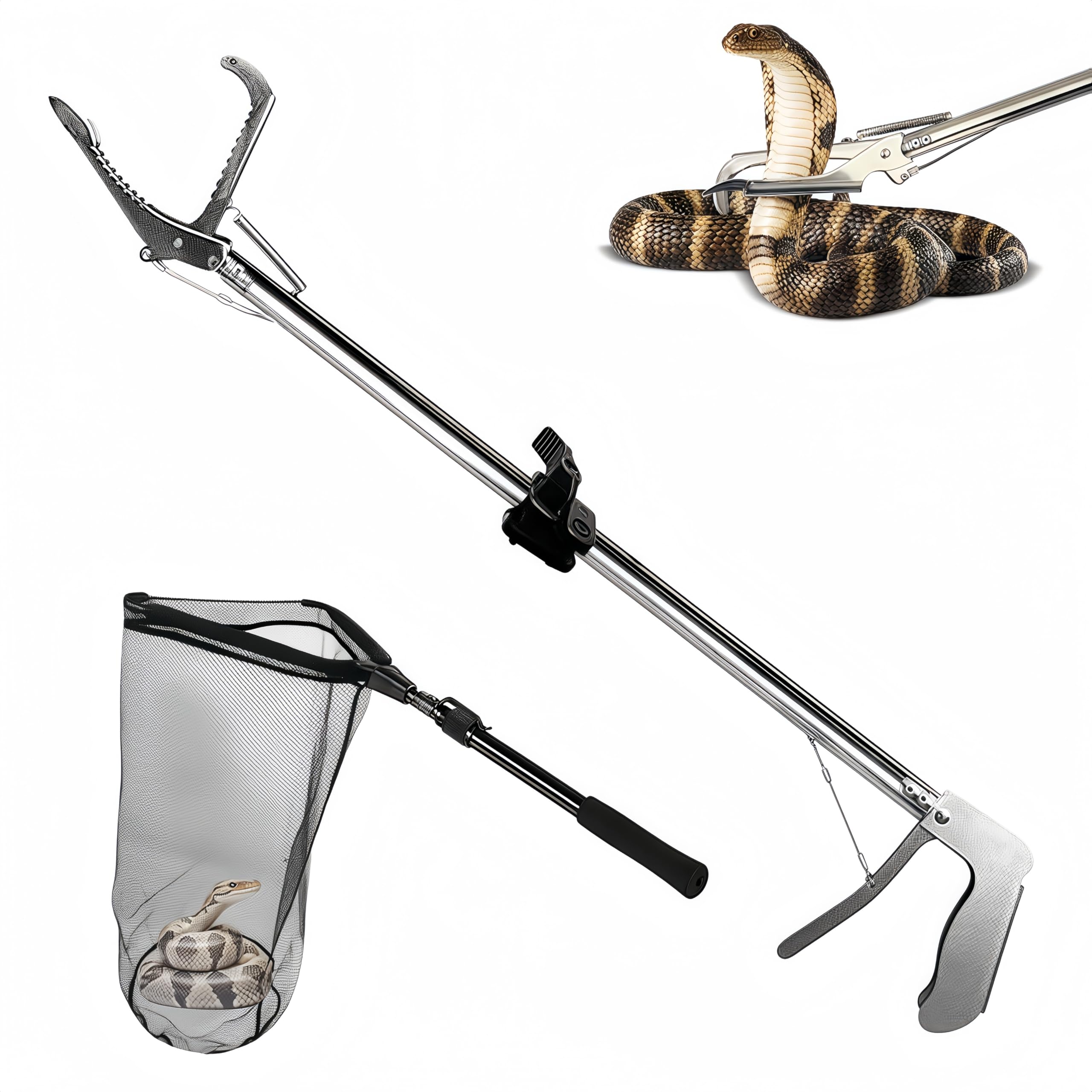 Schlangenfangnetz mit Teleskopgriff, Werkzeuge zum Umgang mit Schlangen und Reptilien, zum Entfernen und Auffangen von Schlangen in die Netztasche (74,9 cm lange Schlangenzange und