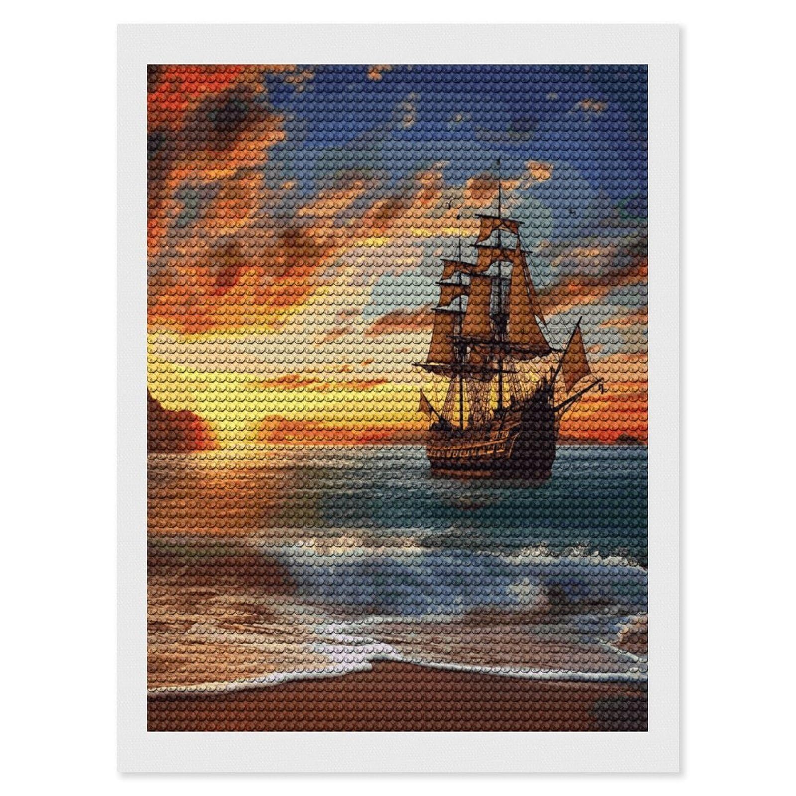 JTREHY Pirate Ship in The Sunset Diamond Art Kits Personalized DIY Round Diamond Painting Kits for Beginner Full Drill Diamonds Dots Paintings for Adults Gem Art Crafts Home Decor